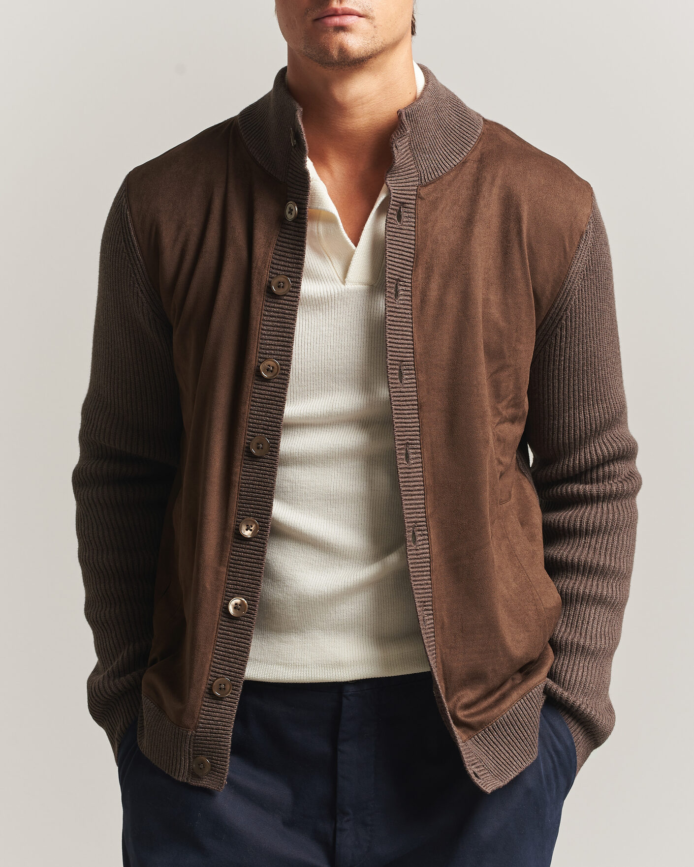 Herre | Trøjer | Stenströms | Knitted Hybrid Alcantara Jacket Brown