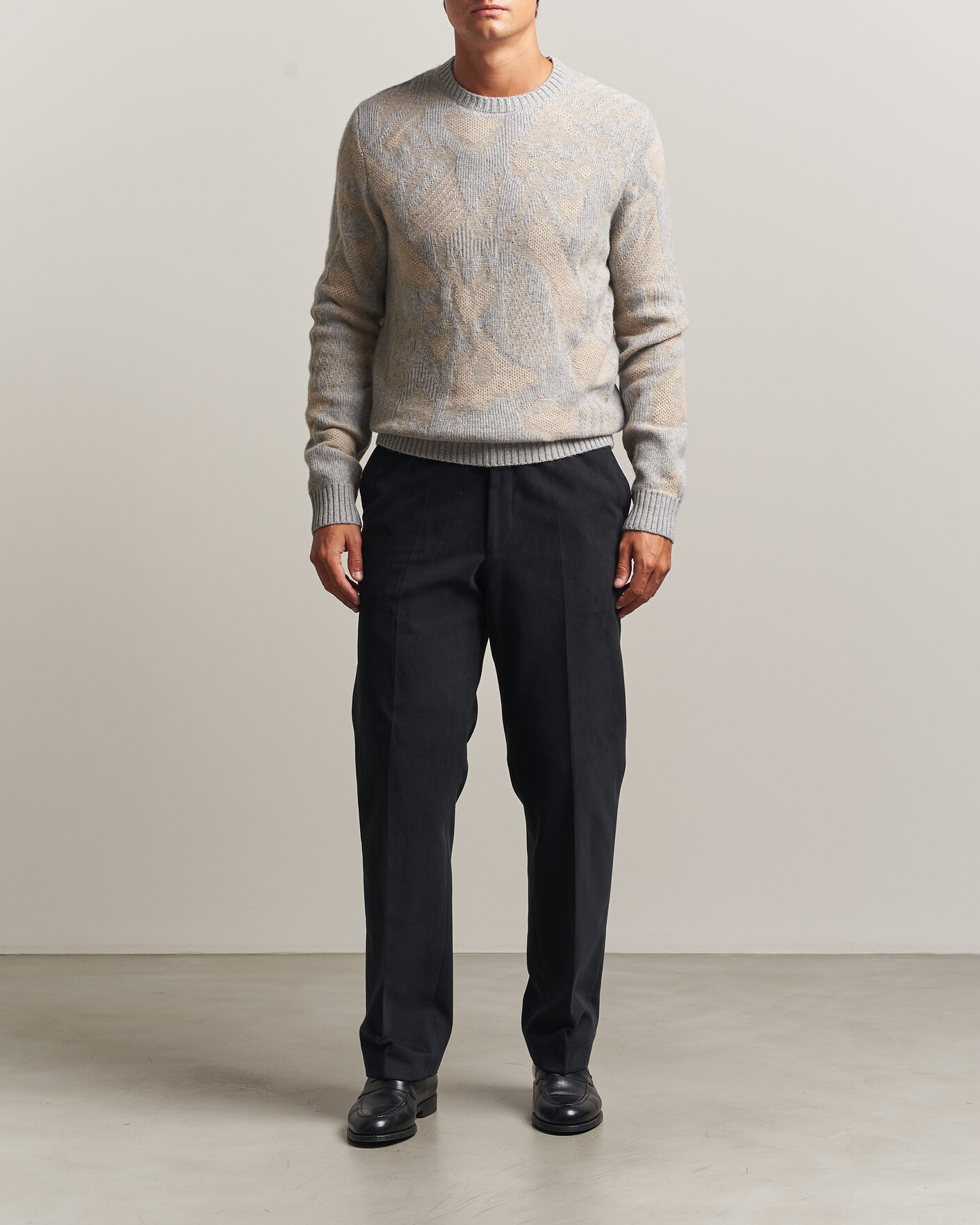 Herre | Trøjer | Stenströms | Knitted Jaquard Yak/Merino Sweater Beige Grey