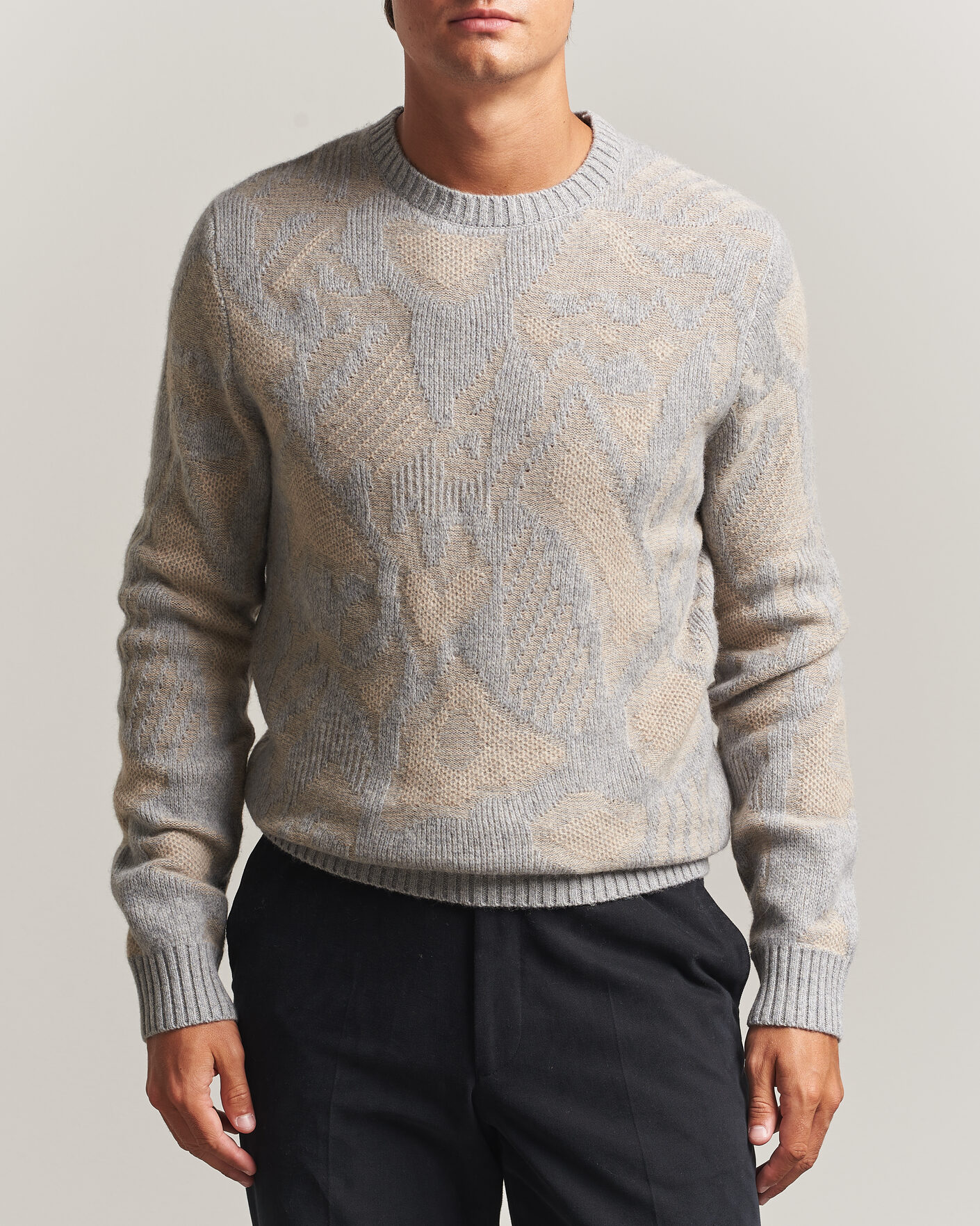 Herre | Trøjer | Stenströms | Knitted Jaquard Yak/Merino Sweater Beige Grey