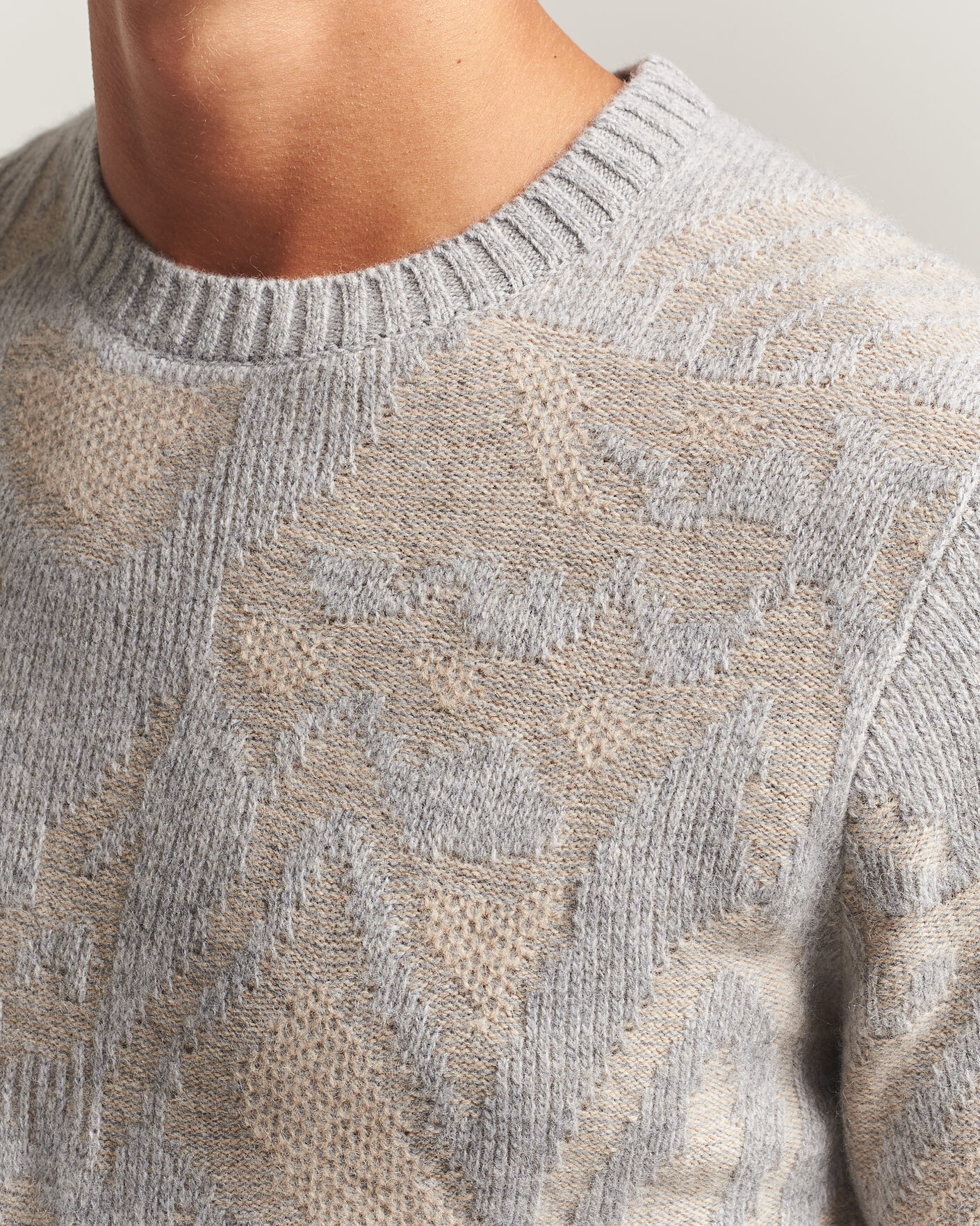 Herre | Trøjer | Stenströms | Knitted Jaquard Yak/Merino Sweater Beige Grey