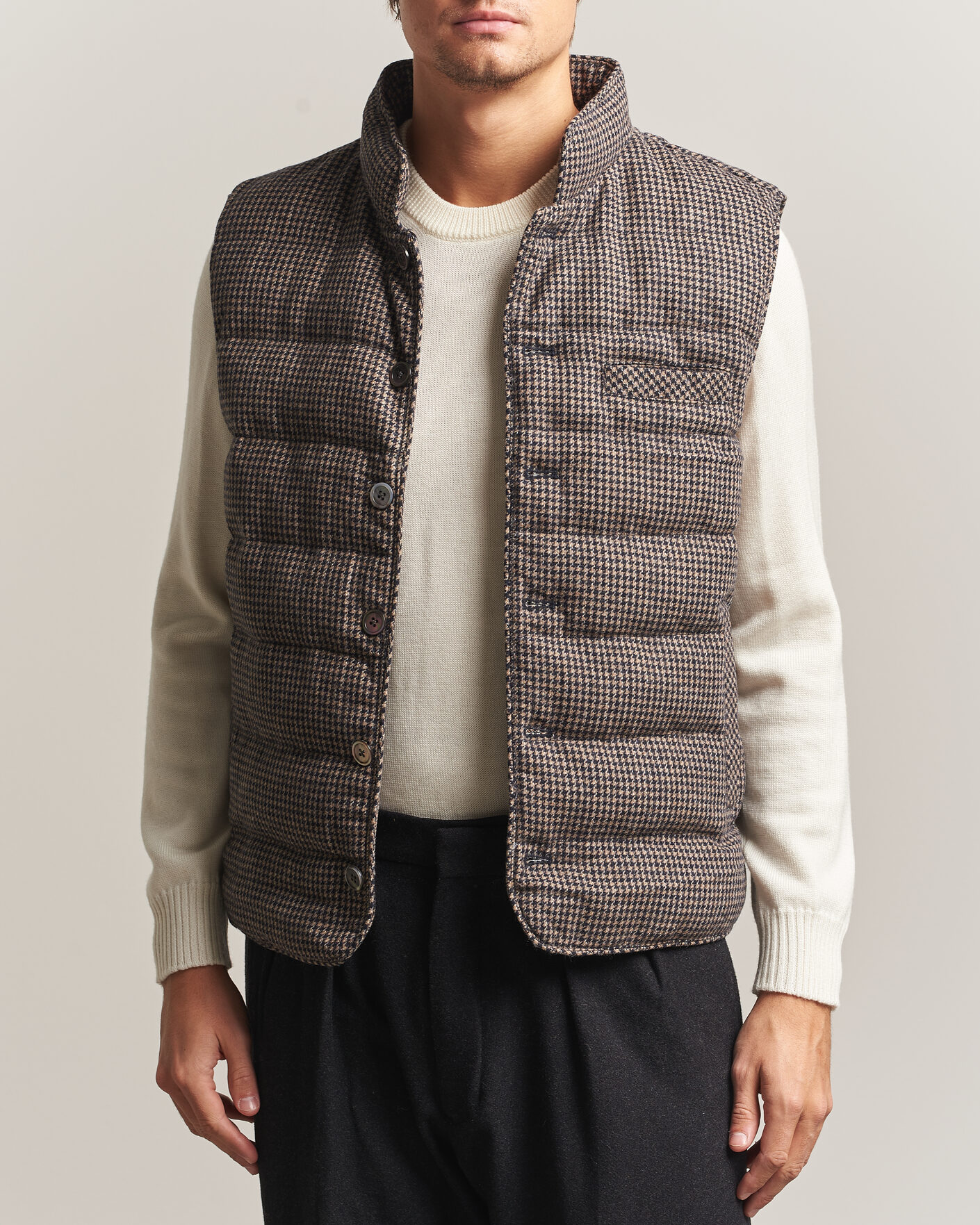 Herre | Veste | Stenströms | Padded Houndstooth Wool Vest Brown