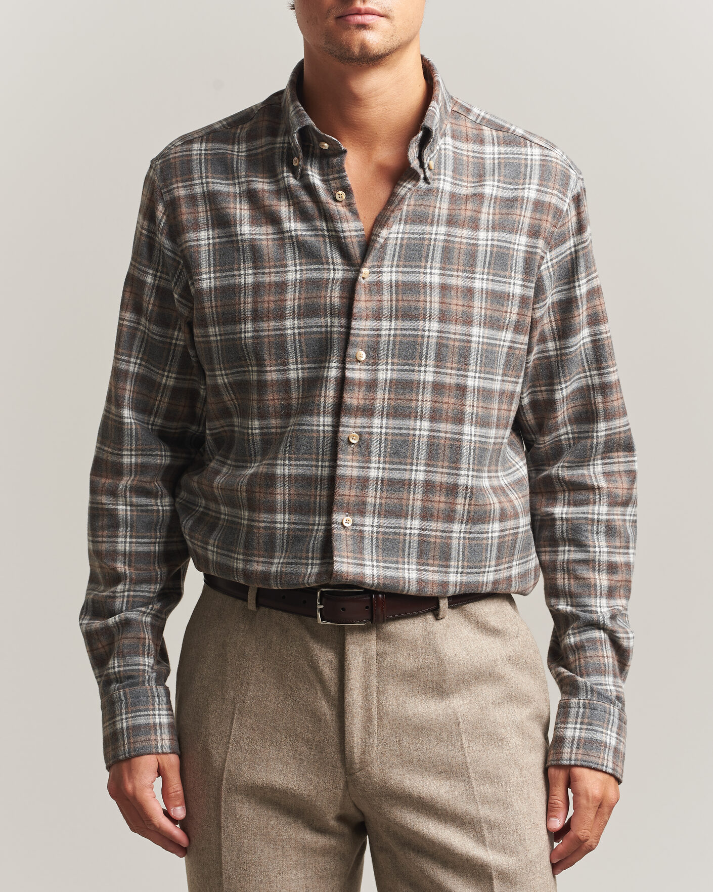 Herre | Skjorter | Stenströms | Regular Fit Check Cut Away Flannel Shirt Brown