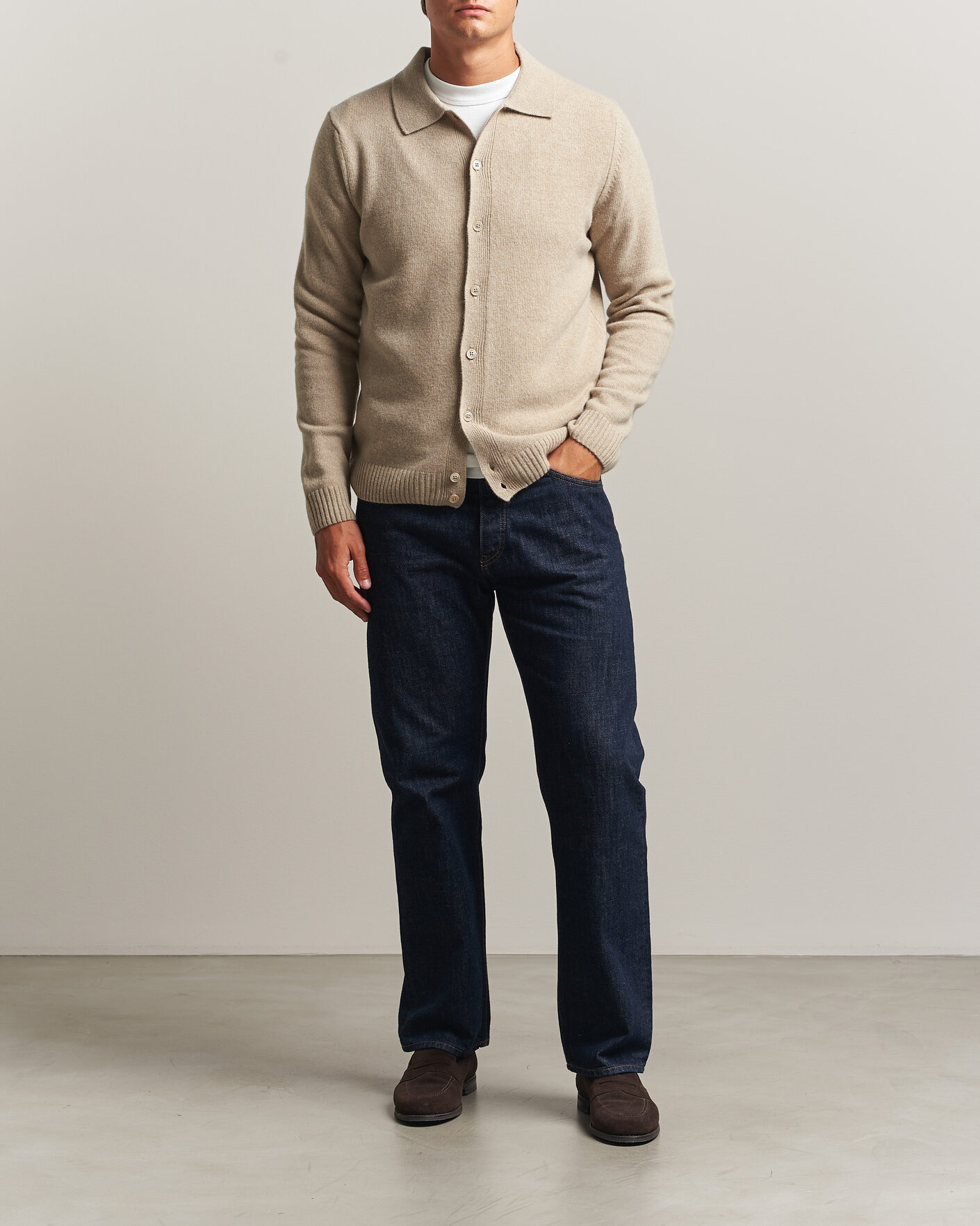 Herre | Trøjer | Stenströms | Brushed Merino Polo Cardigan Beige