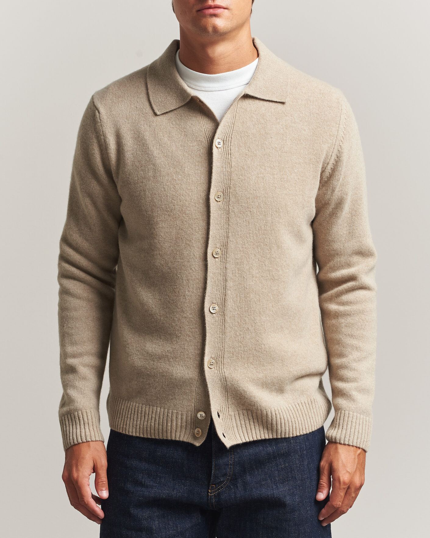 Herre | Trøjer | Stenströms | Brushed Merino Polo Cardigan Beige