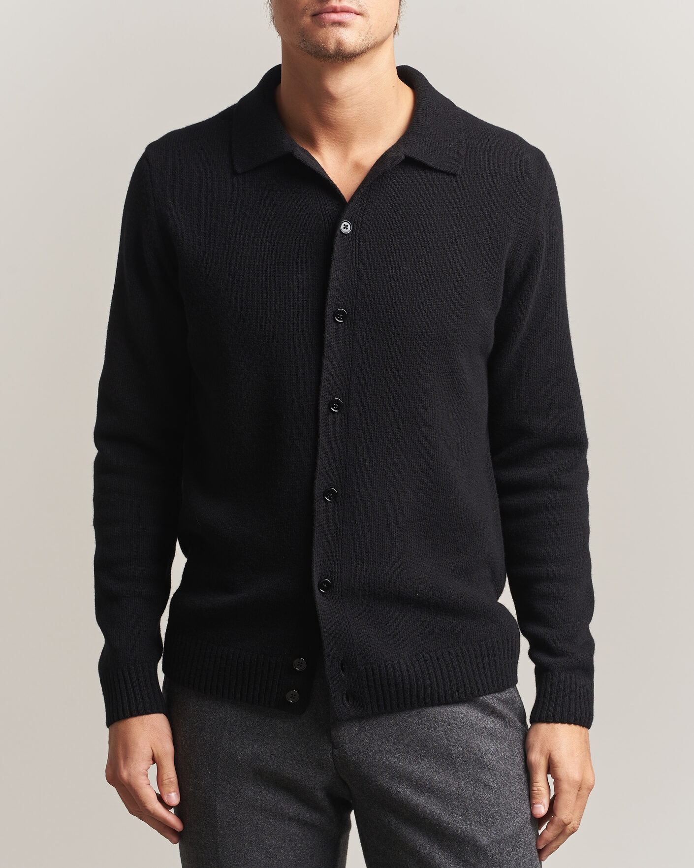Herre | Trøjer | Stenströms | Brushed Merino Polo Cardigan Black