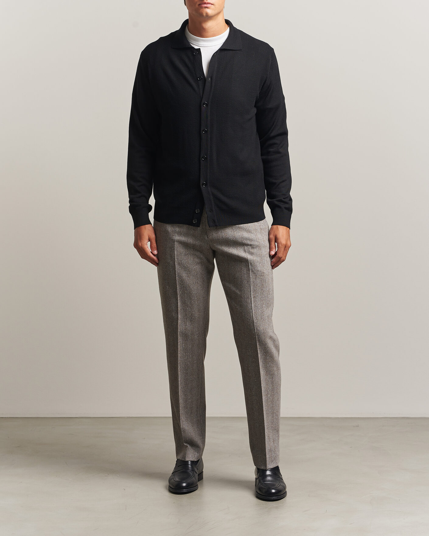 Herre | Trøjer | Stenströms | Merino Herringbone Polo Cardigan Black