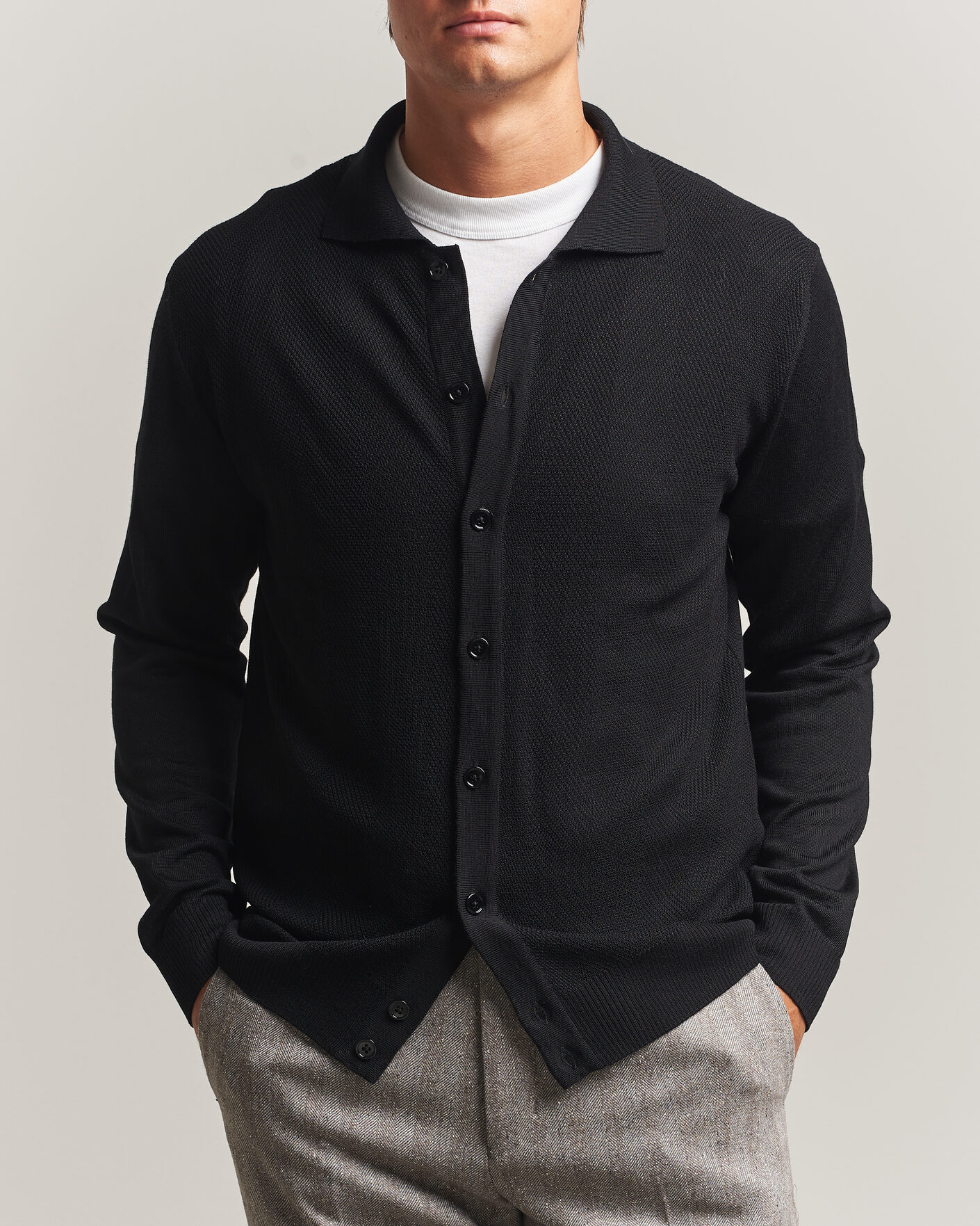 Herre | Trøjer | Stenströms | Merino Herringbone Polo Cardigan Black