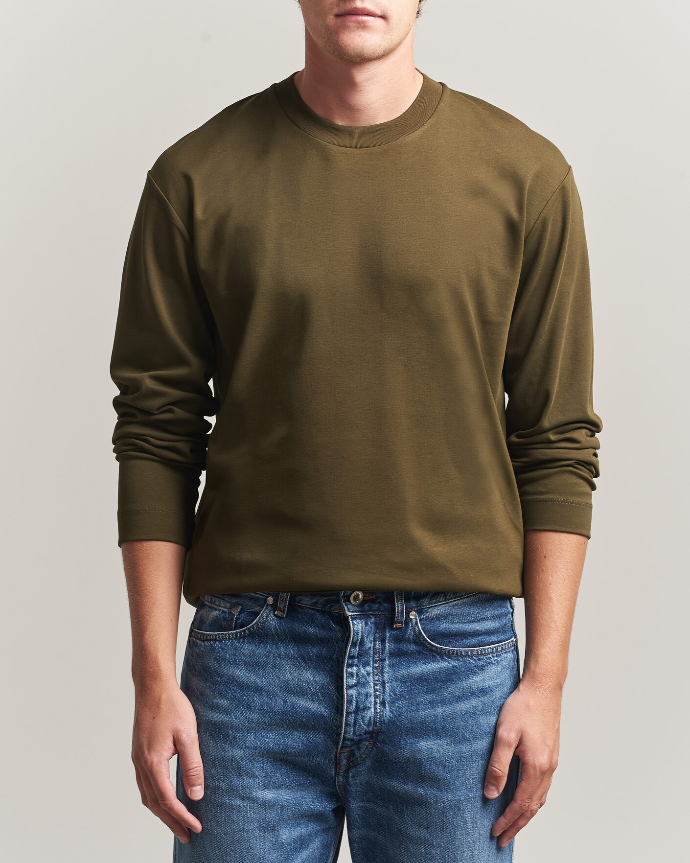 Herre | T-Shirts | Sunspel | Heavy Weight Supima Cotton Long Sleeve T-Shirt Green