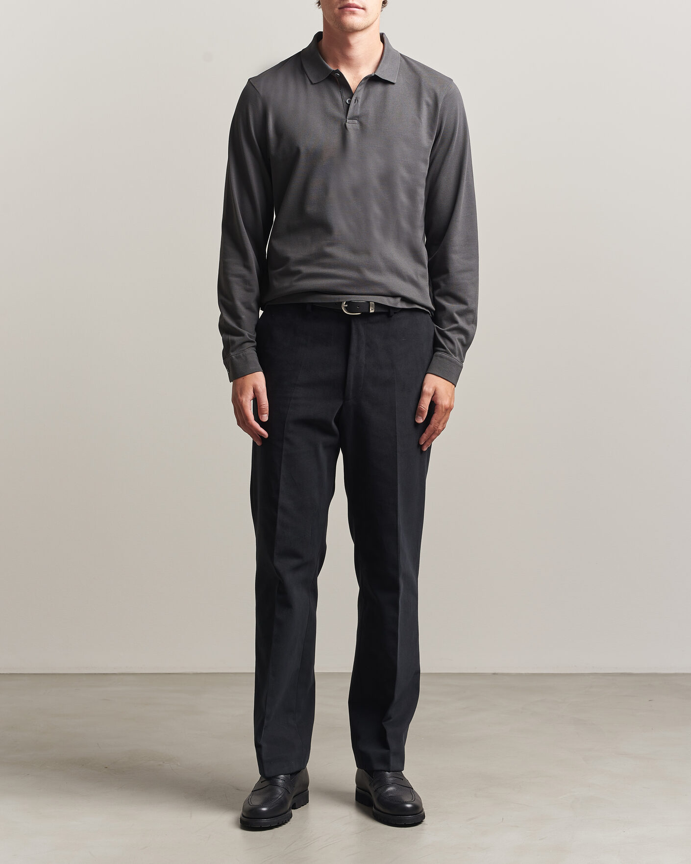 Herre | Polotrøjer | Sunspel | Supima Cotton Long Sleeve Pique Polo Anthracite