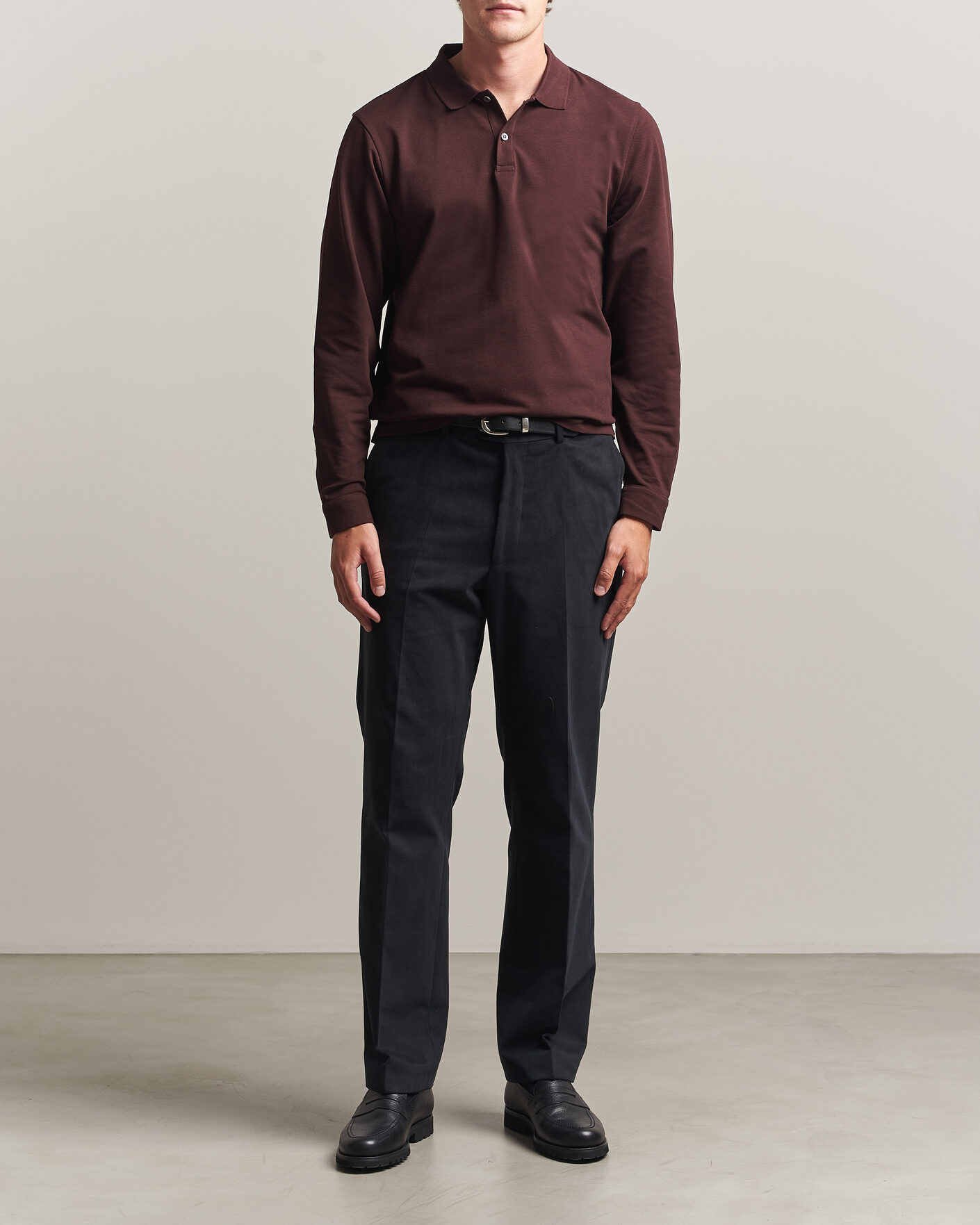 Herre | Polotrøjer | Sunspel | Supima Cotton Long Sleeve Pique Polo Dark Brown