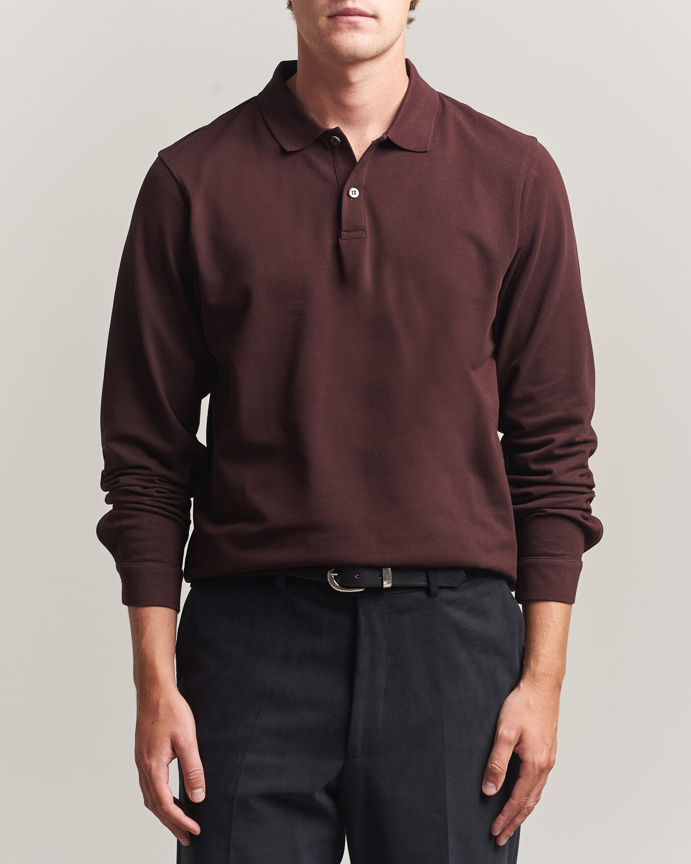 Herre | Polotrøjer | Sunspel | Supima Cotton Long Sleeve Pique Polo Dark Brown