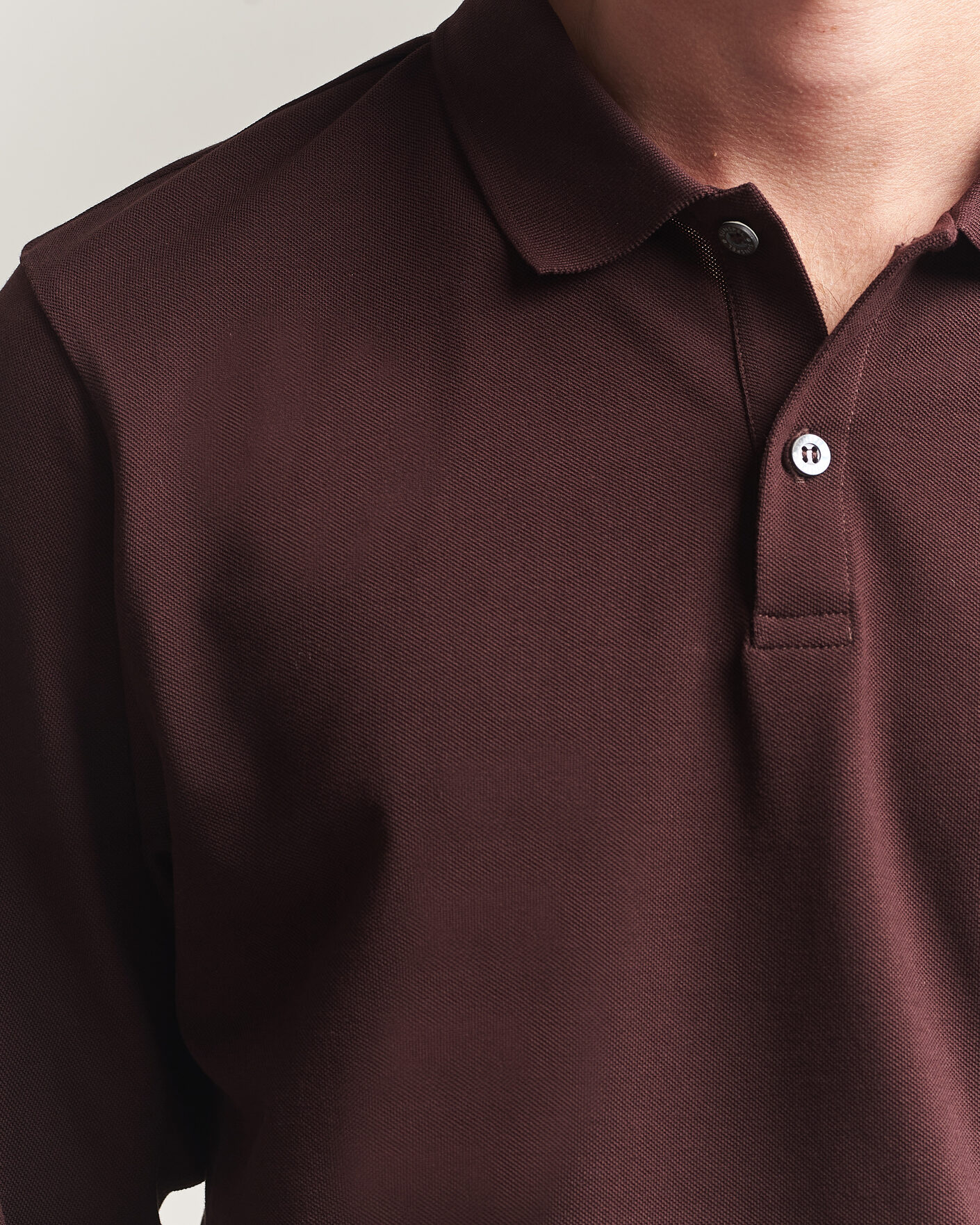 Herre | Polotrøjer | Sunspel | Supima Cotton Long Sleeve Pique Polo Dark Brown