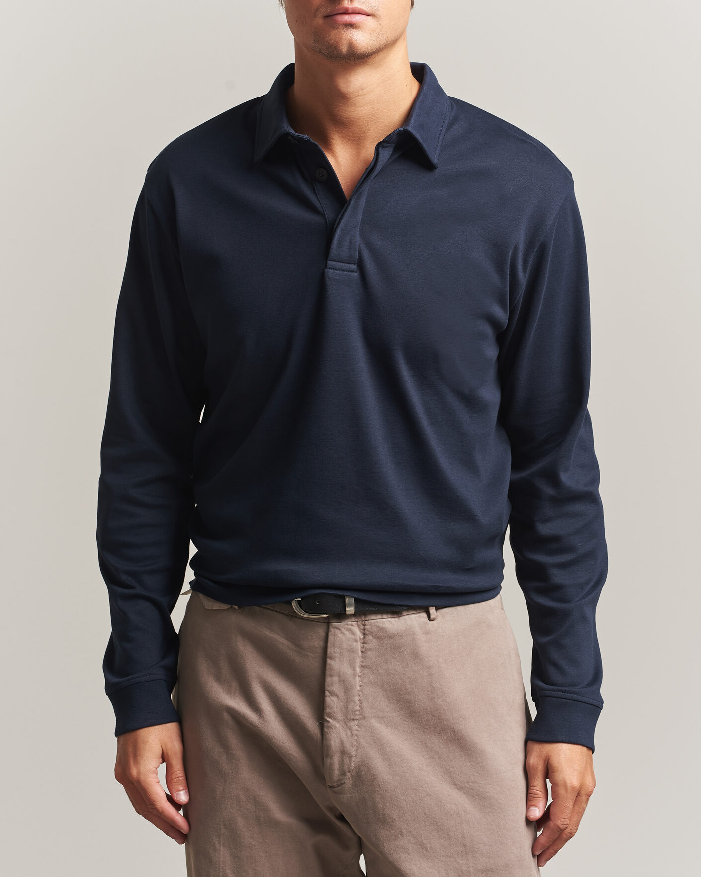 Herre | Polotrøjer | Sunspel | Heavy Weight Supima Cotton Long Sleeve Polo Navy