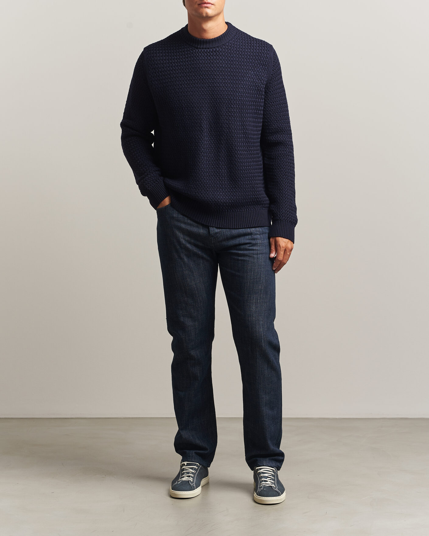 Herre | Trøjer | Sunspel | Merino Basketweave Stitch Jumper Navy