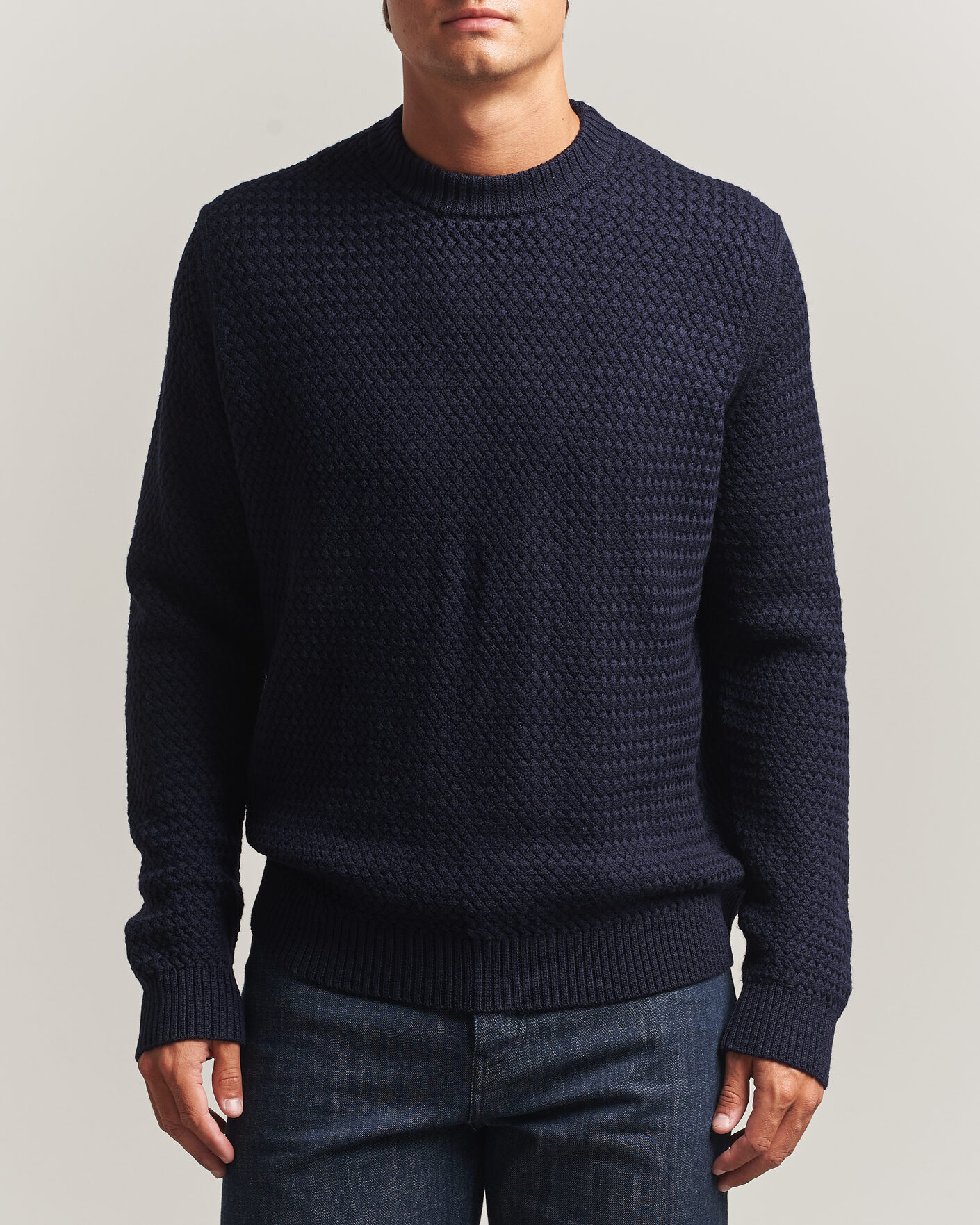 Herre | Trøjer | Sunspel | Merino Basketweave Stitch Jumper Navy