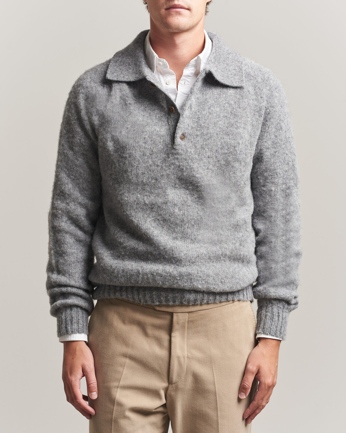 Herre | Trøjer | Harley Of Scotland | Brushed Supersoft Lambswool Polo Mid Grey