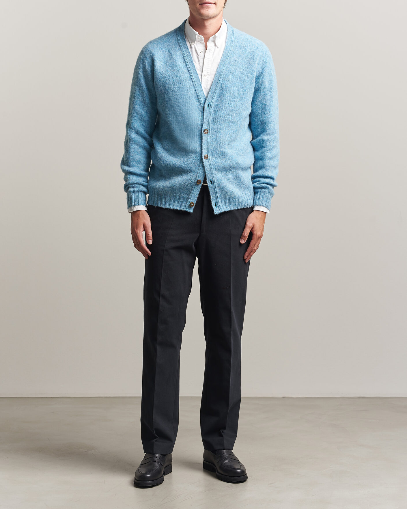 Herre | Trøjer | Harley Of Scotland | Brushed Supersoft Lambswool Cardigan Loch Blue