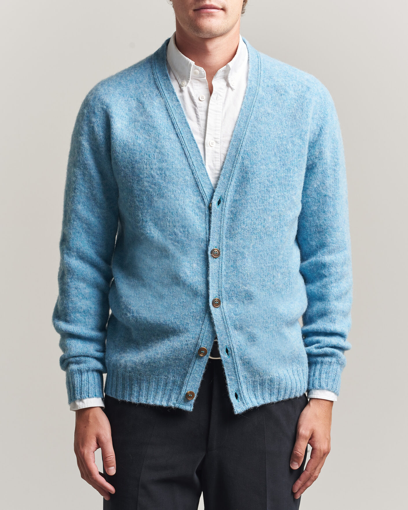Herre | Trøjer | Harley Of Scotland | Brushed Supersoft Lambswool Cardigan Loch Blue
