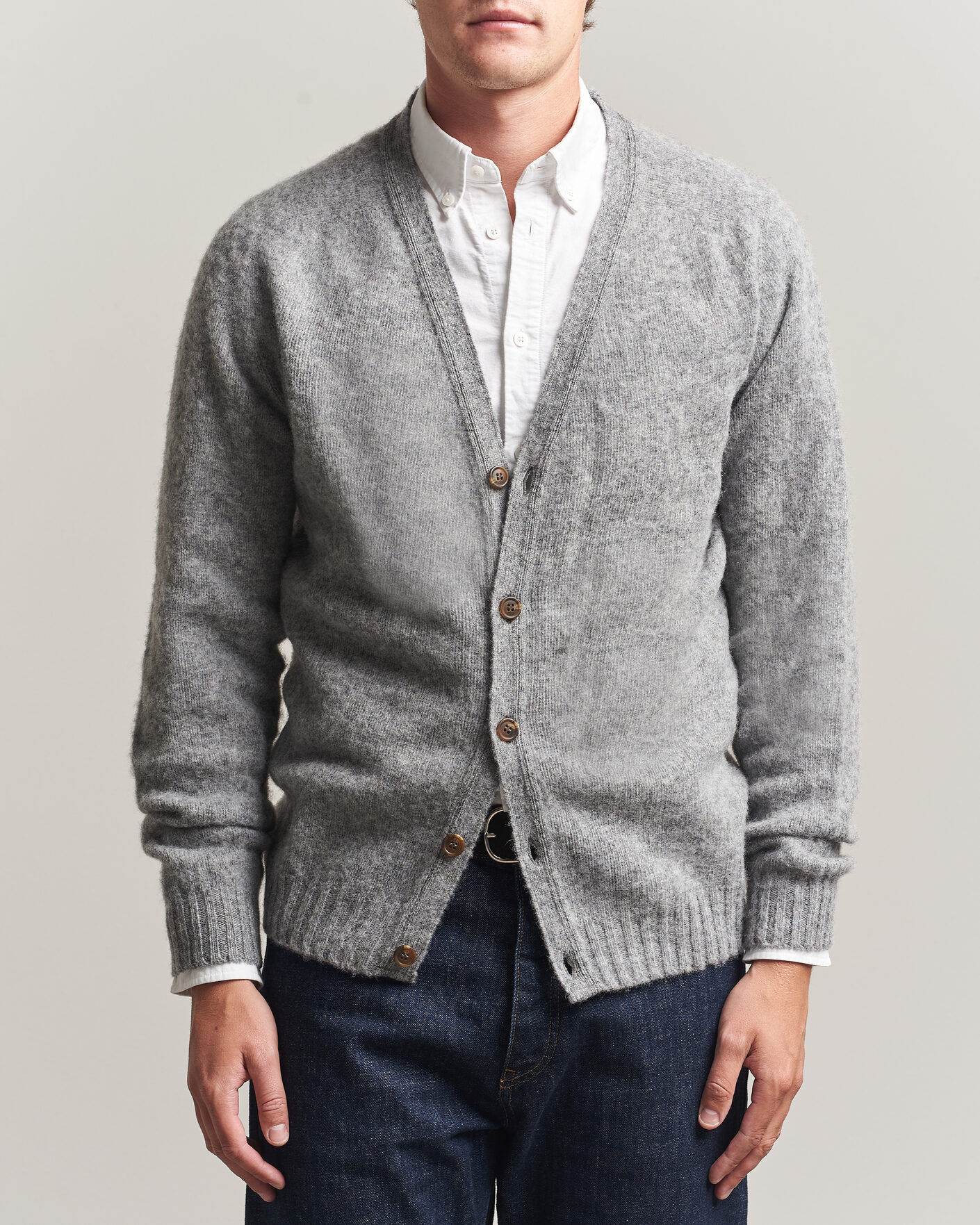 Herre | Trøjer | Harley Of Scotland | Brushed Supersoft Lambswool Cardigan Mid Grey
