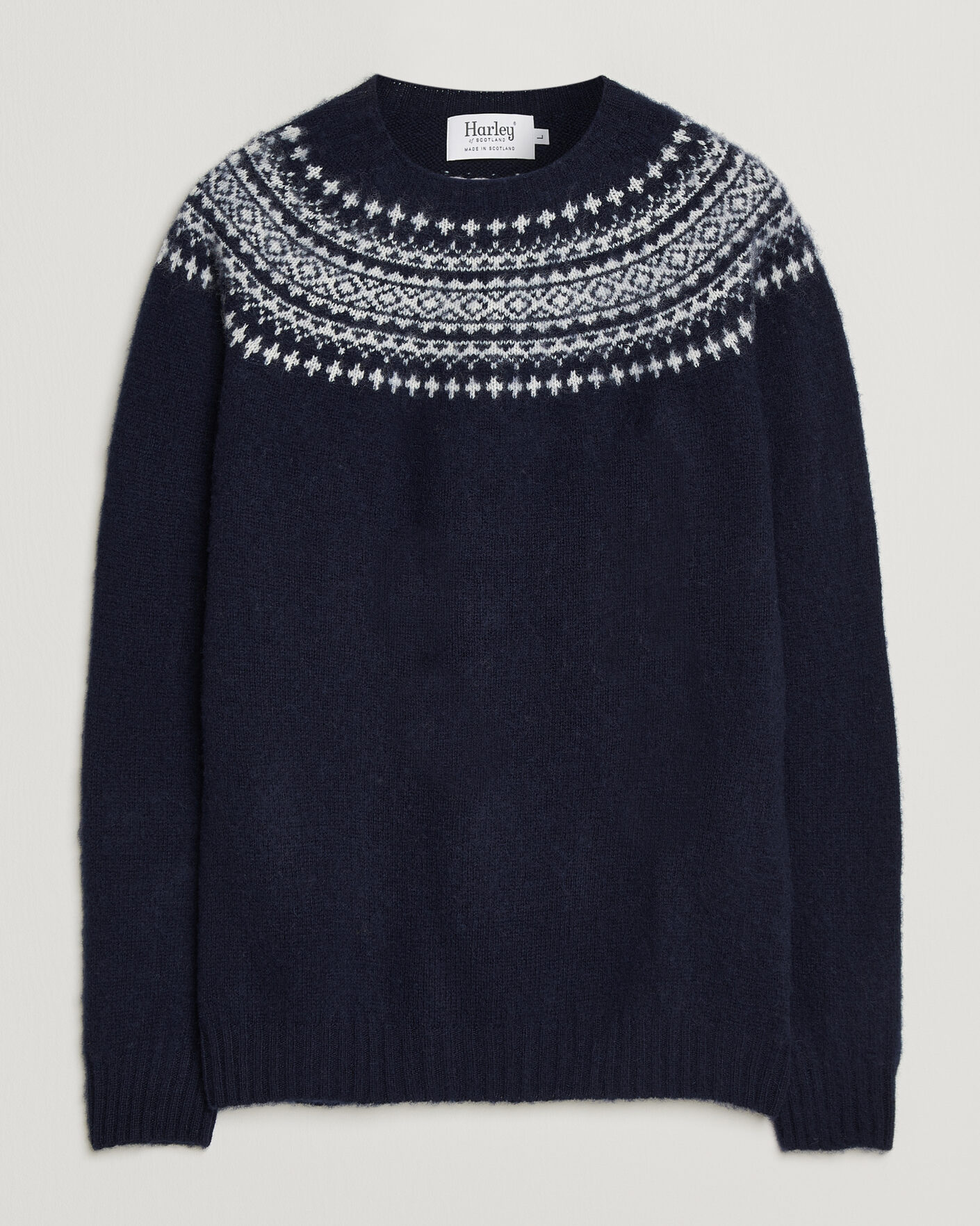 Herre | Trøjer | Harley Of Scotland | Brushed Supersoft Lambswool Yolk Fairisle Navy/Snow White