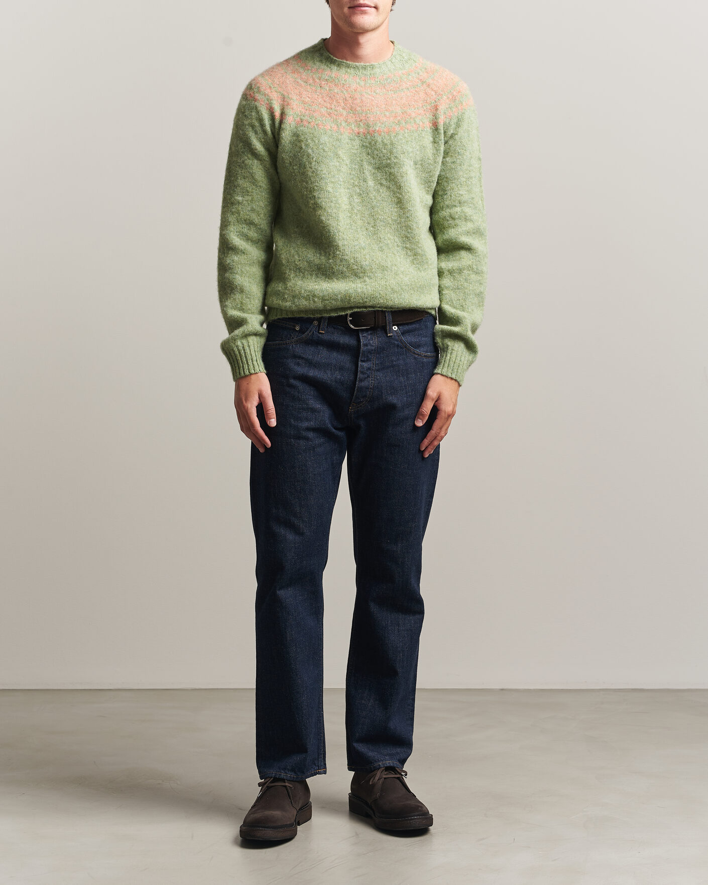 Herre | Trøjer | Harley Of Scotland | Brushed Supersoft Lambswool Yolk Fairisle Sage/Parfait
