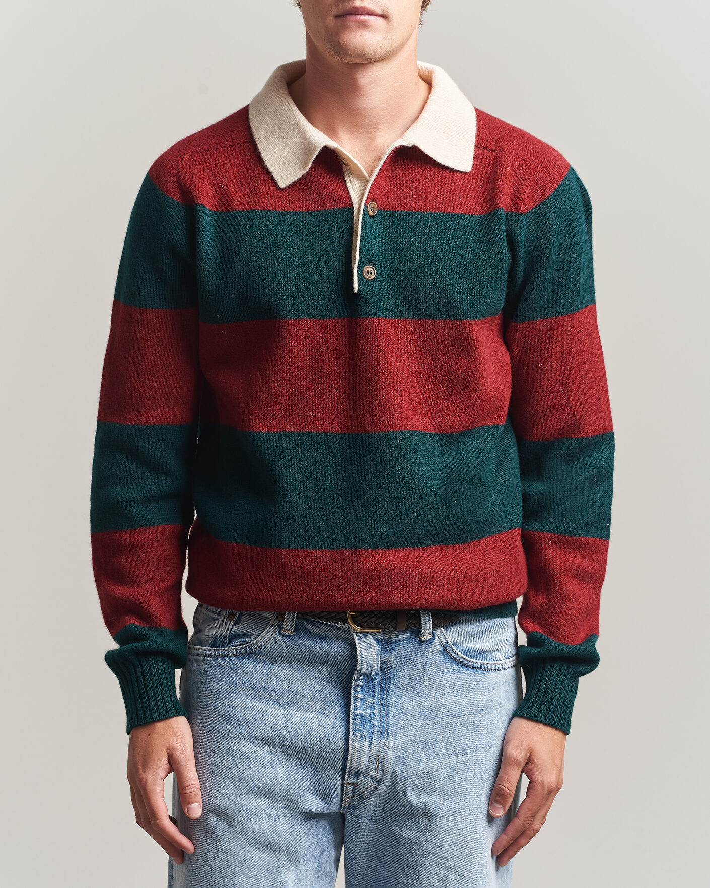 Herre | Trøjer | Harley Of Scotland | Supersoft 2ply Lambswool Rugby Green/Red