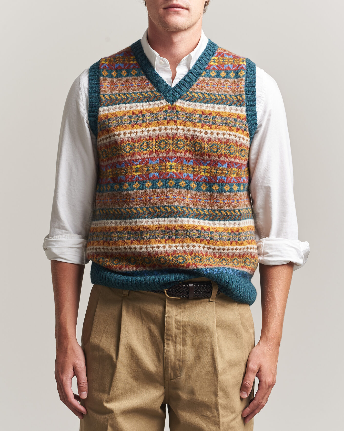 Herre | Trøjer | Harley Of Scotland | Supersoft 2ply Lambswool Fairisle Vest Tempest