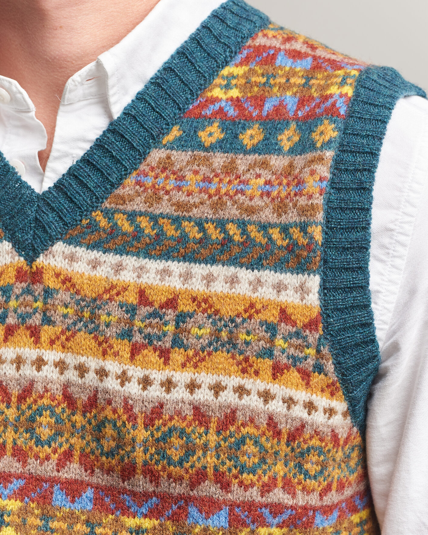 Herre | Trøjer | Harley Of Scotland | Supersoft 2ply Lambswool Fairisle Vest Tempest