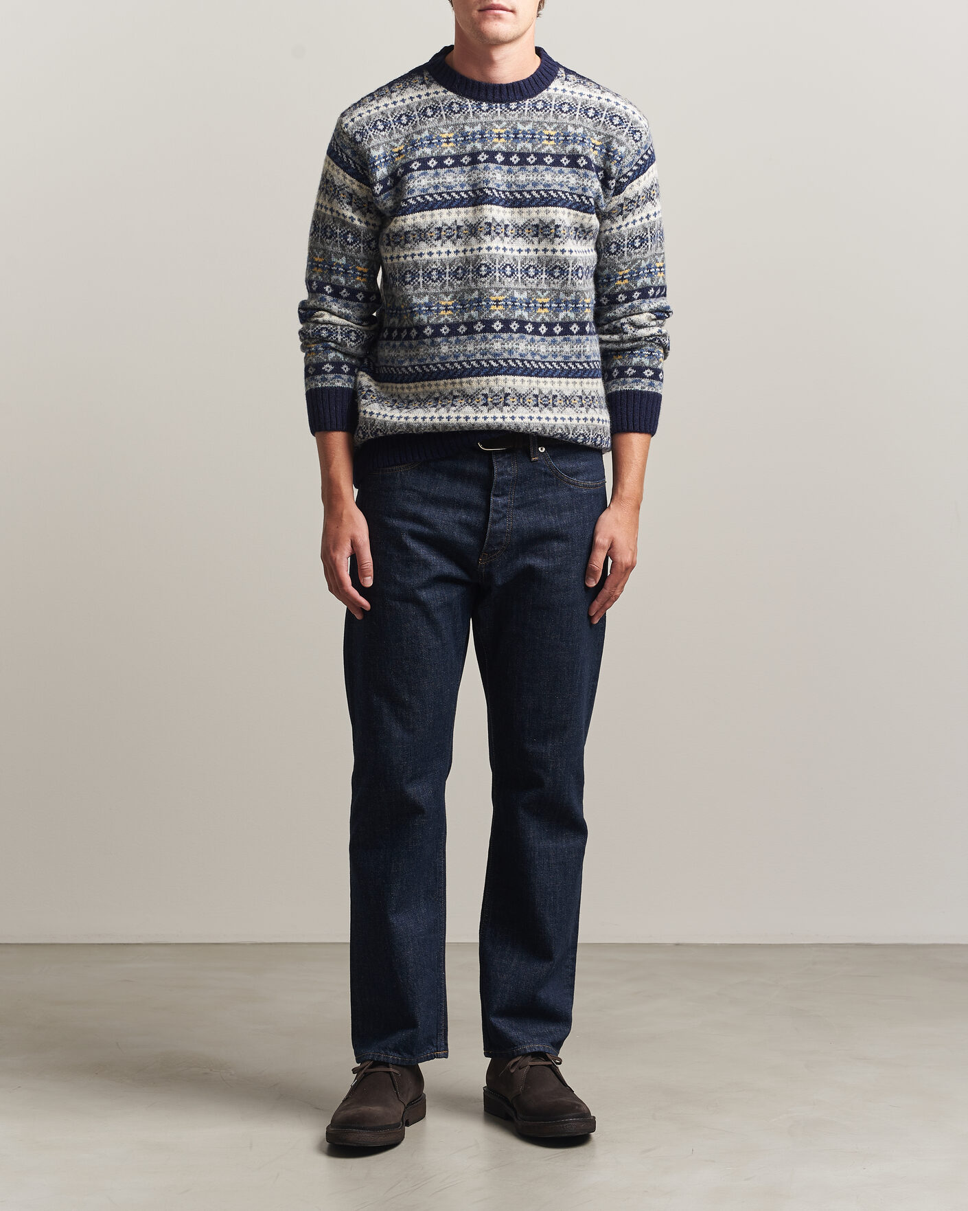 Herre | Trøjer | Harley Of Scotland | Supersoft 2ply Lambswool Fairisle Crew Navy
