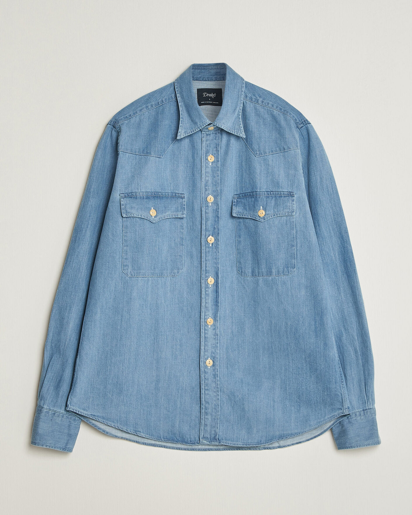 Herre | Skjorter | Drake's | Denim Western Shirt Bleached Blue