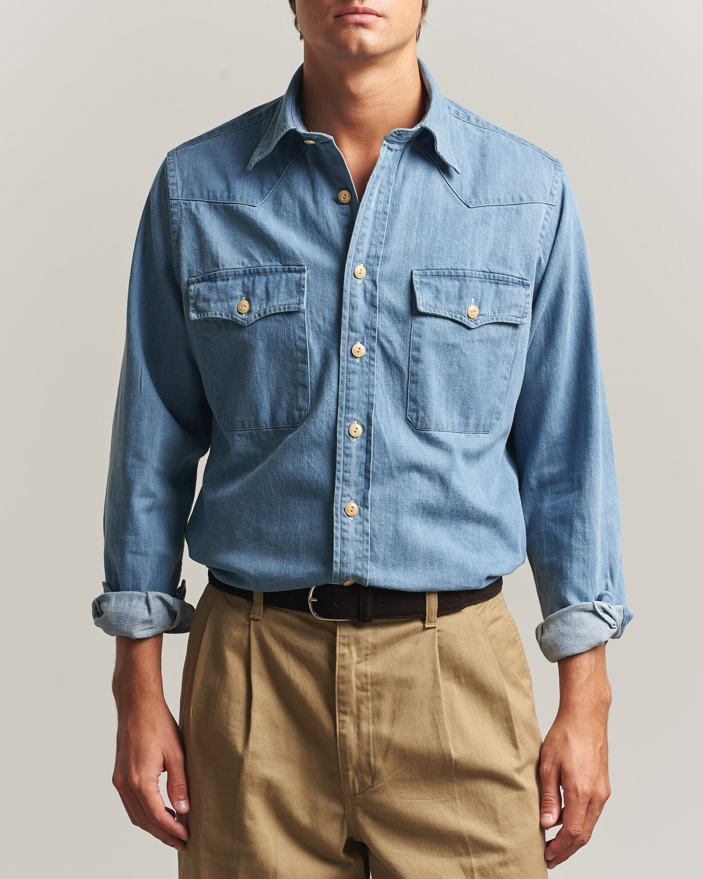 Herre | Skjorter | Drake's | Denim Western Shirt Bleached Blue