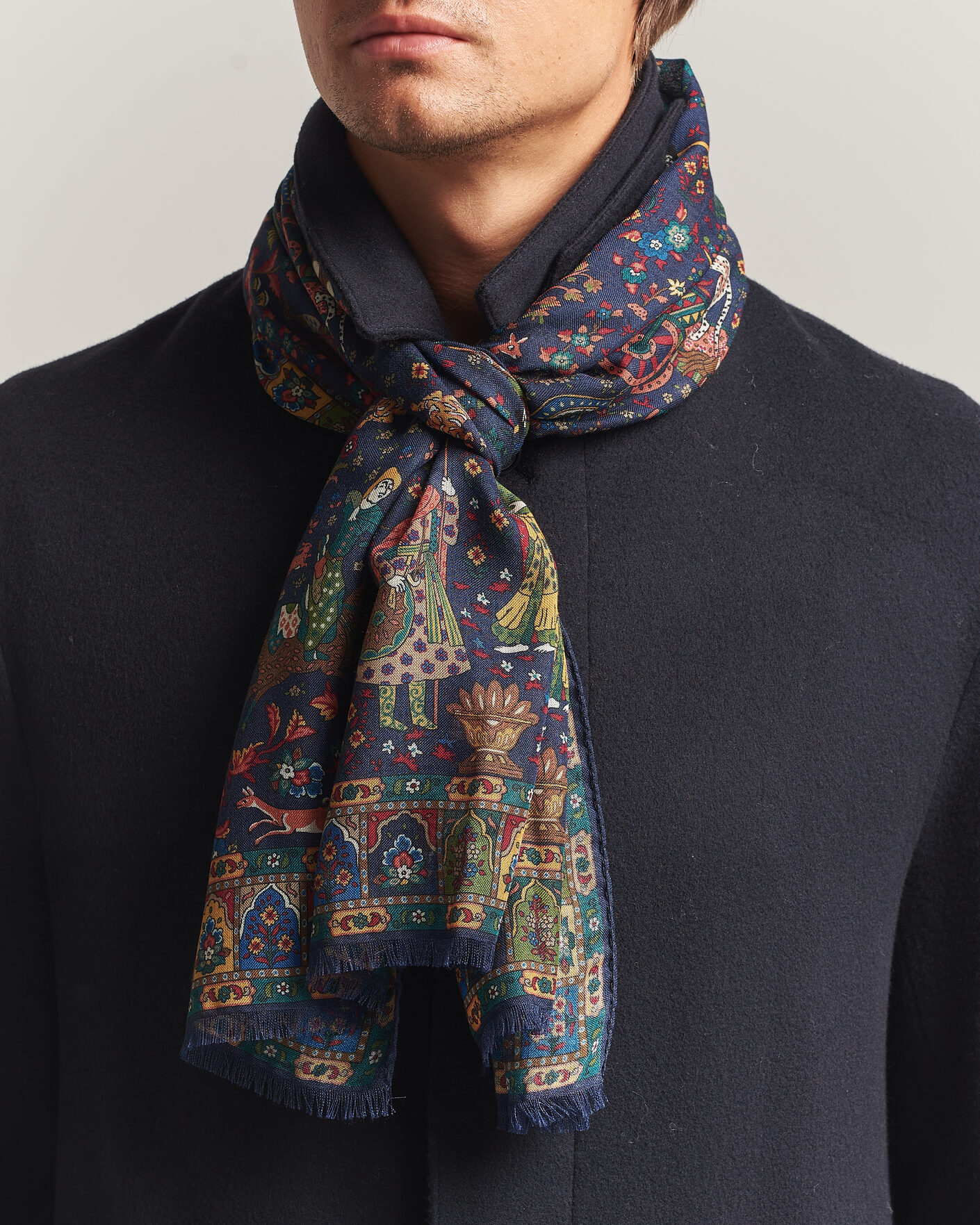 Herre | Tørklæde | Drake's | Mughal Garden Wool/Silk Scarf Navy