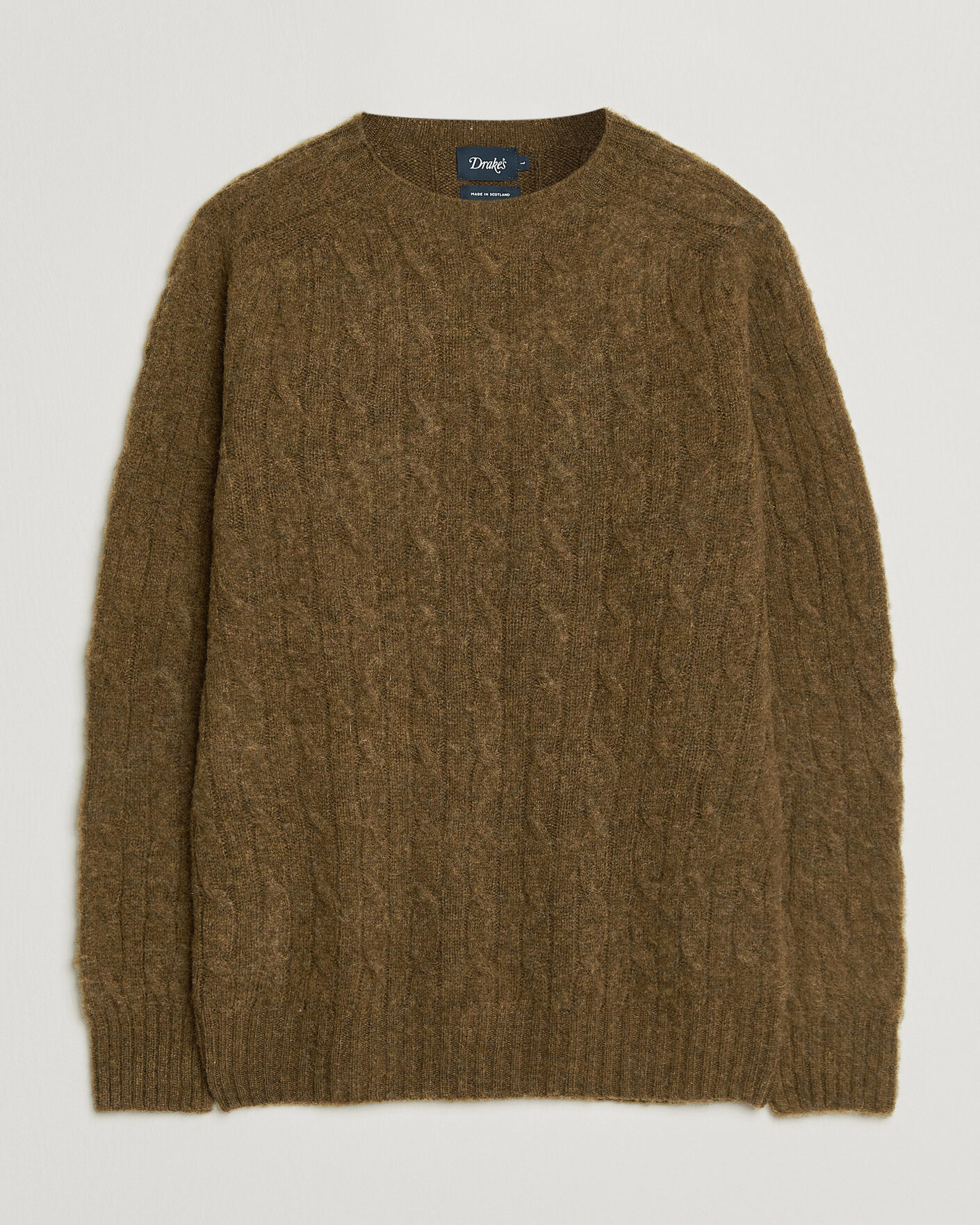 Herre | Trøjer | Drake's | Brushed Shetland Cable Crew Moorland Olive