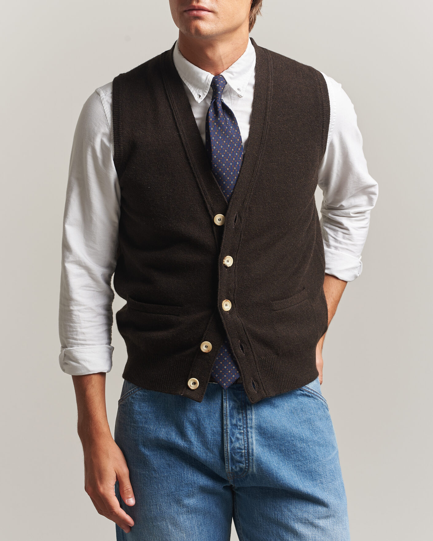 Herre | Trøjer | Drake's | Lambswool Vest Cardigan Dark Brown
