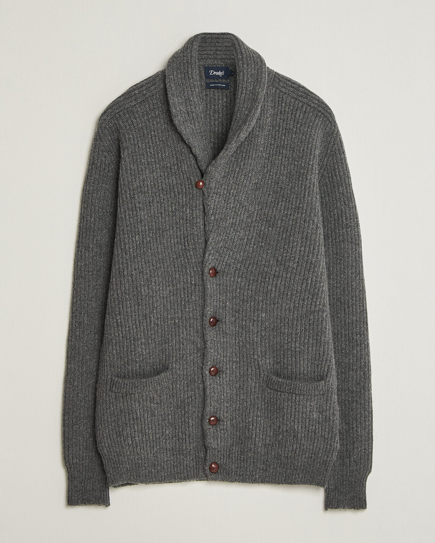 Herre | Trøjer | Drake's | Lambswool Shawl Collar Rib Cardigan Grey