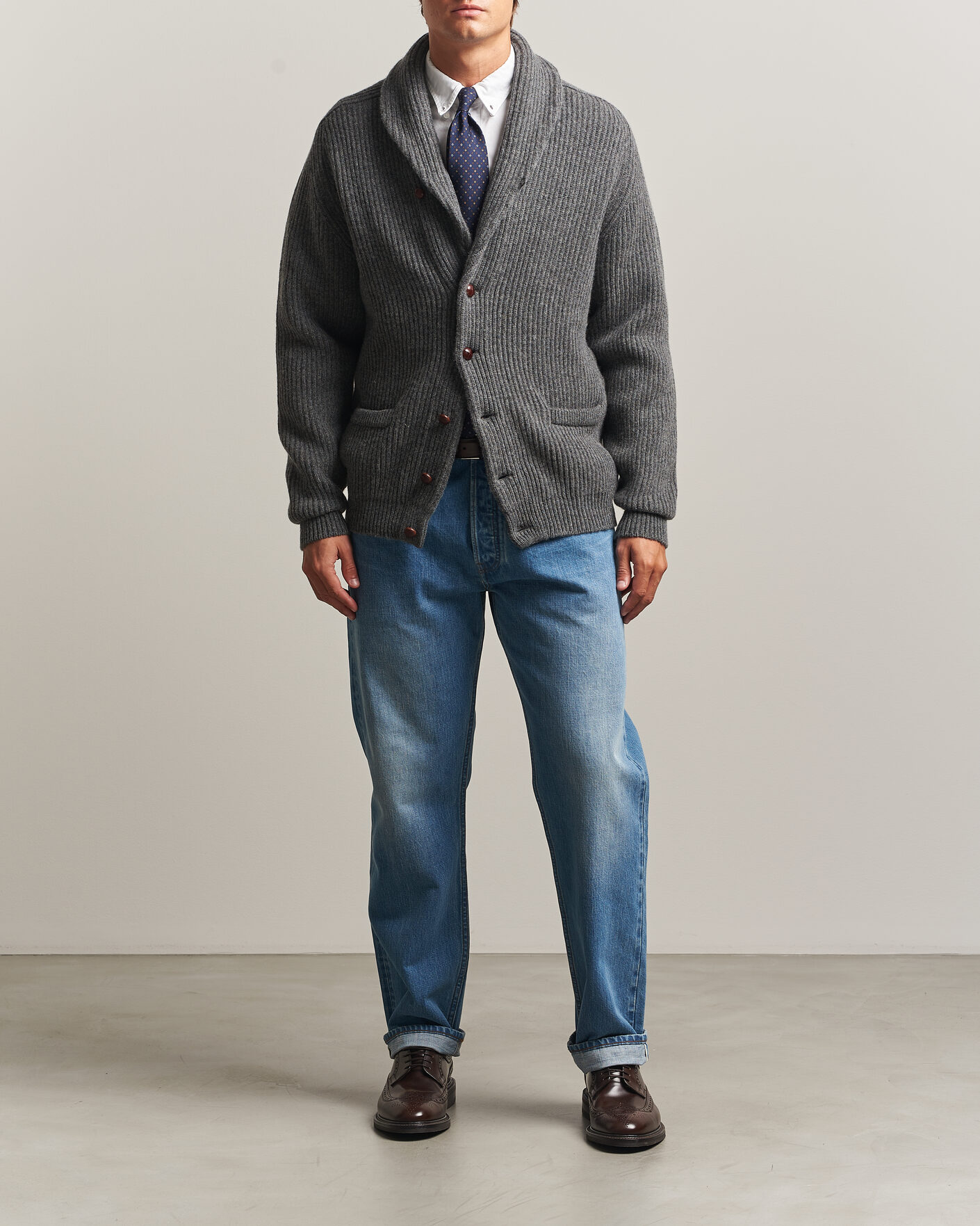 Herre | Trøjer | Drake's | Lambswool Shawl Collar Rib Cardigan Grey
