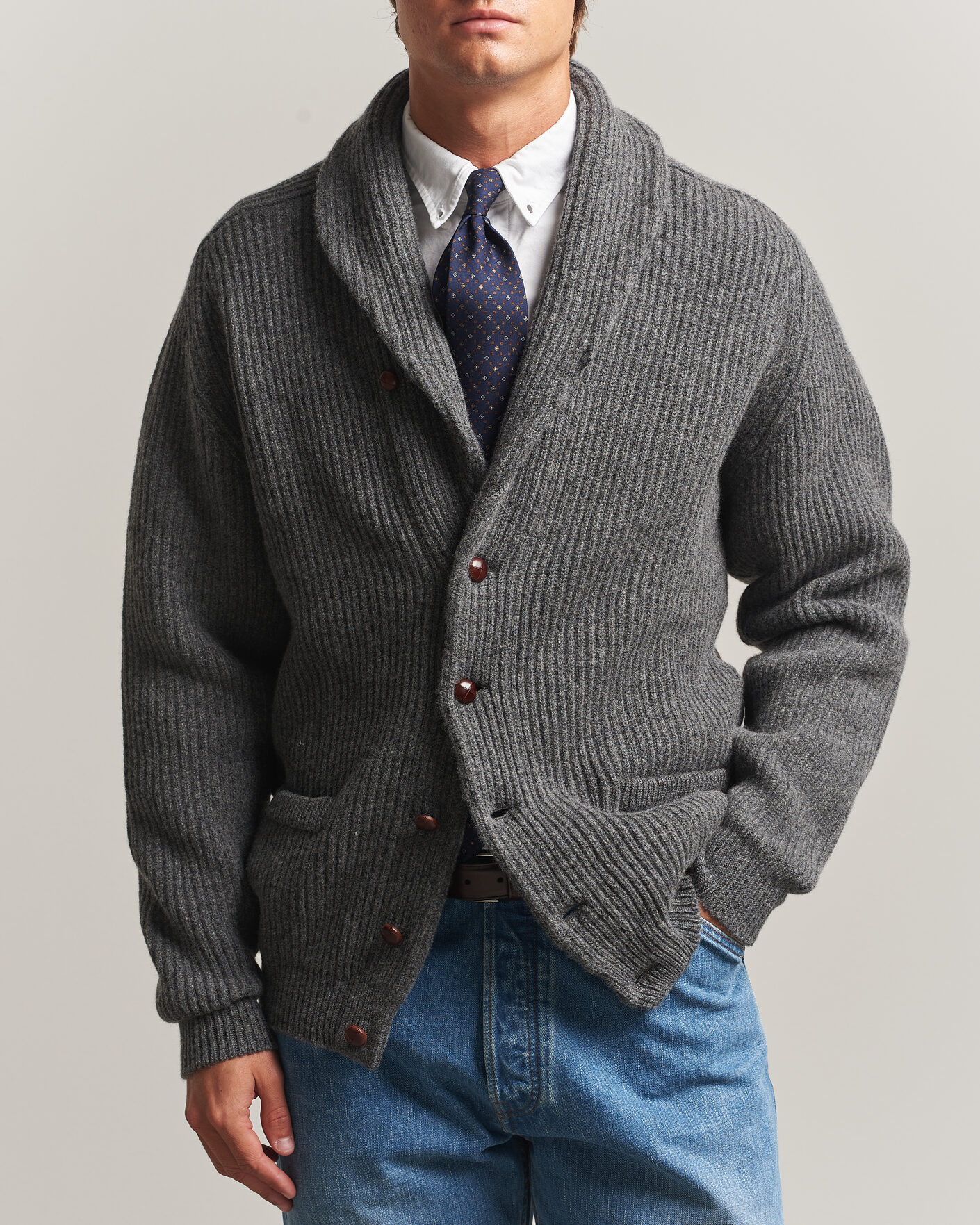 Herre | Trøjer | Drake's | Lambswool Shawl Collar Rib Cardigan Grey