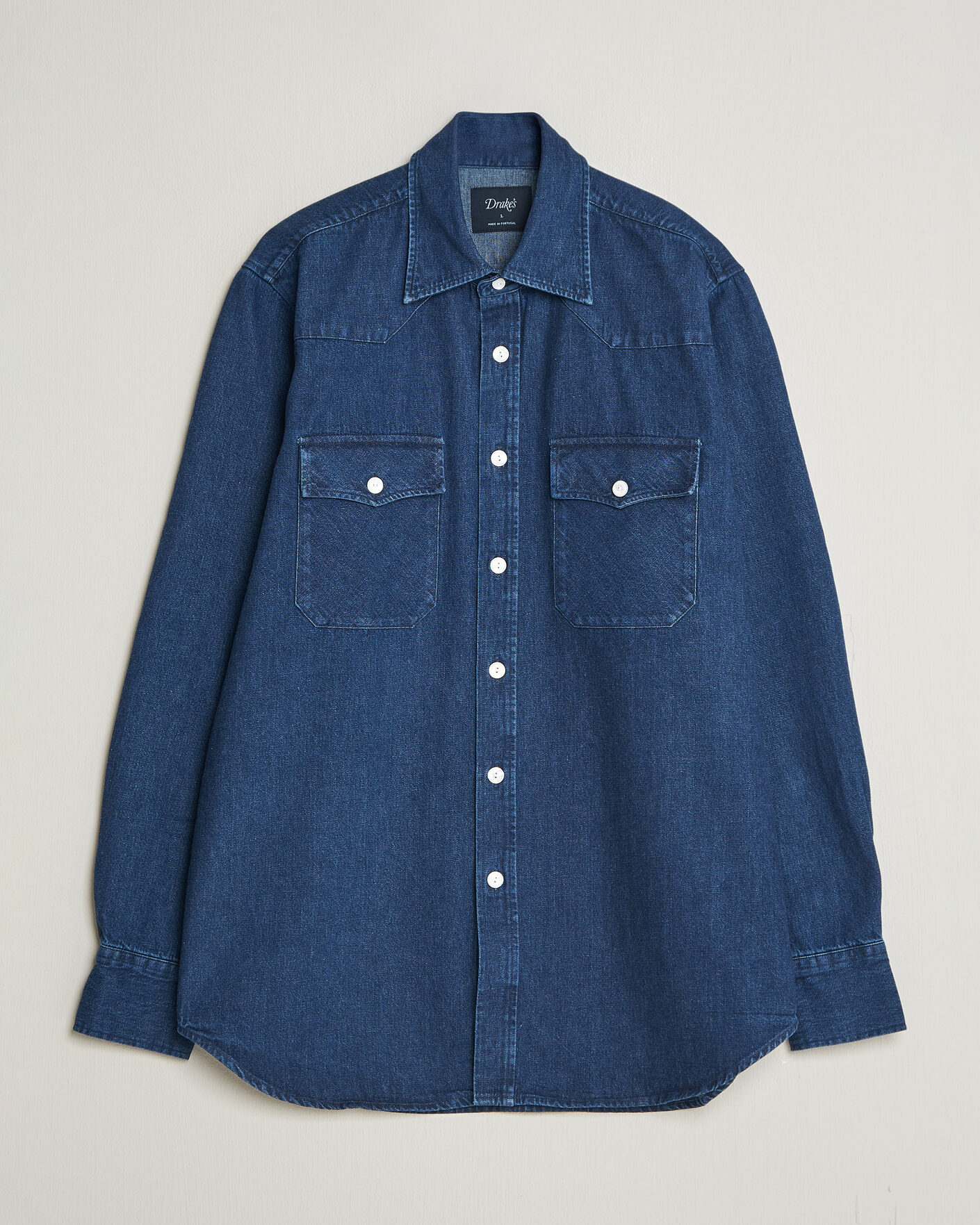 Herre | Skjorter | Drake's | Western Selvedge Denim Shirt Stone Wash Indigo
