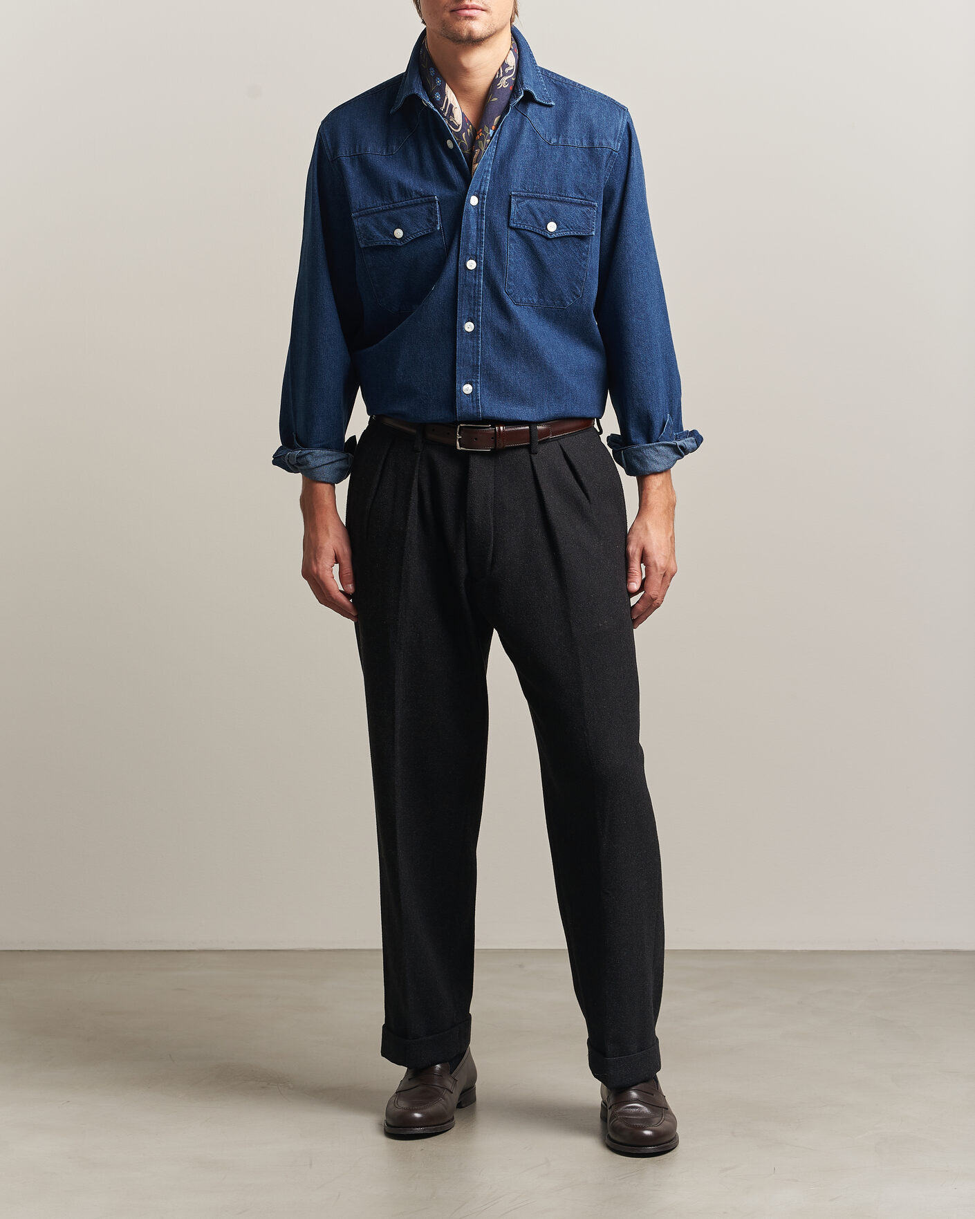 Herre | Skjorter | Drake's | Western Selvedge Denim Shirt Stone Wash Indigo