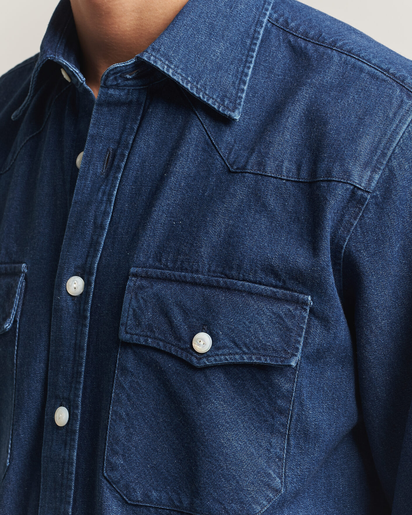 Herre | Skjorter | Drake's | Western Selvedge Denim Shirt Stone Wash Indigo