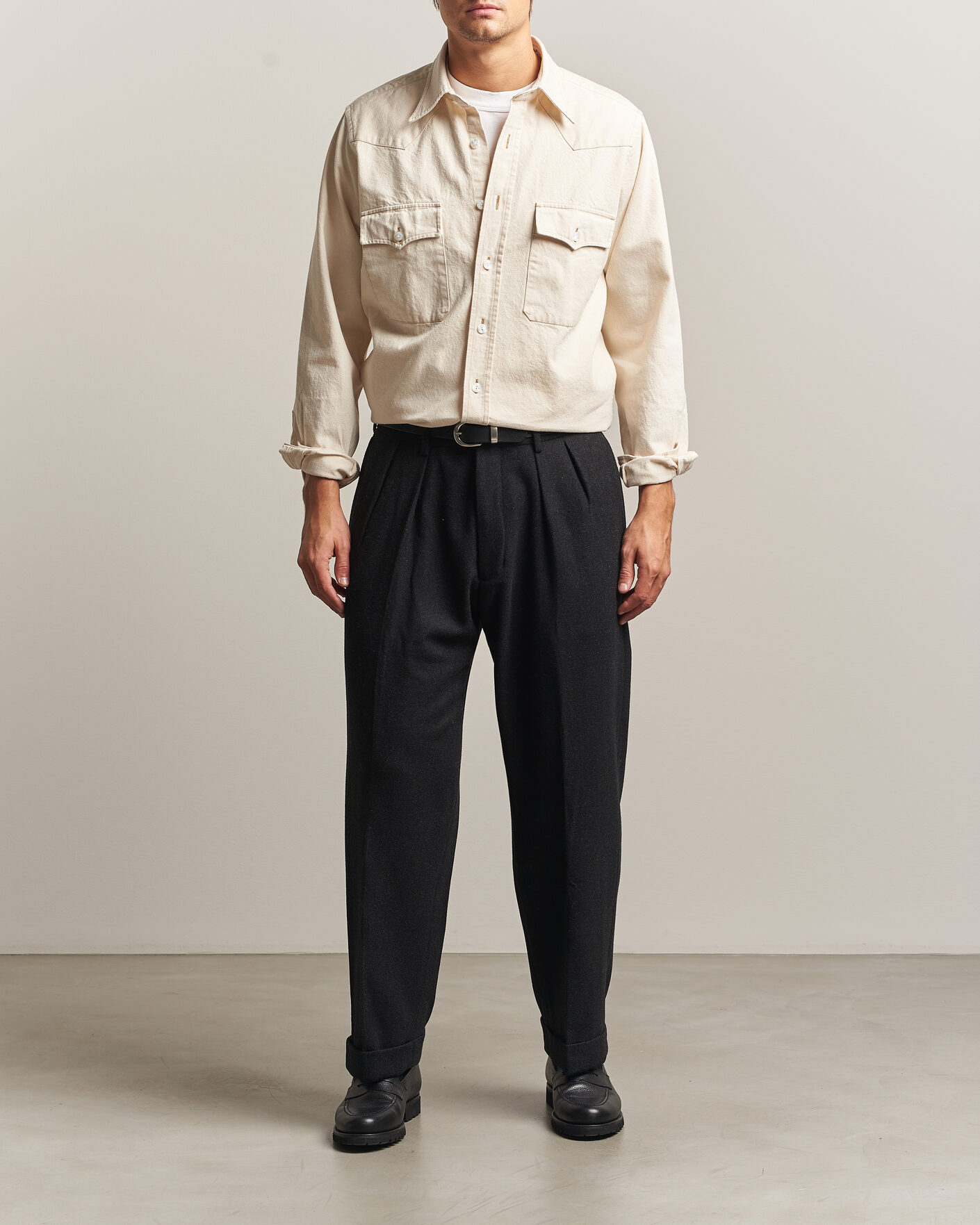 Herre | Skjorter | Drake's | Western Denim Shirt Stone Wash Ecru