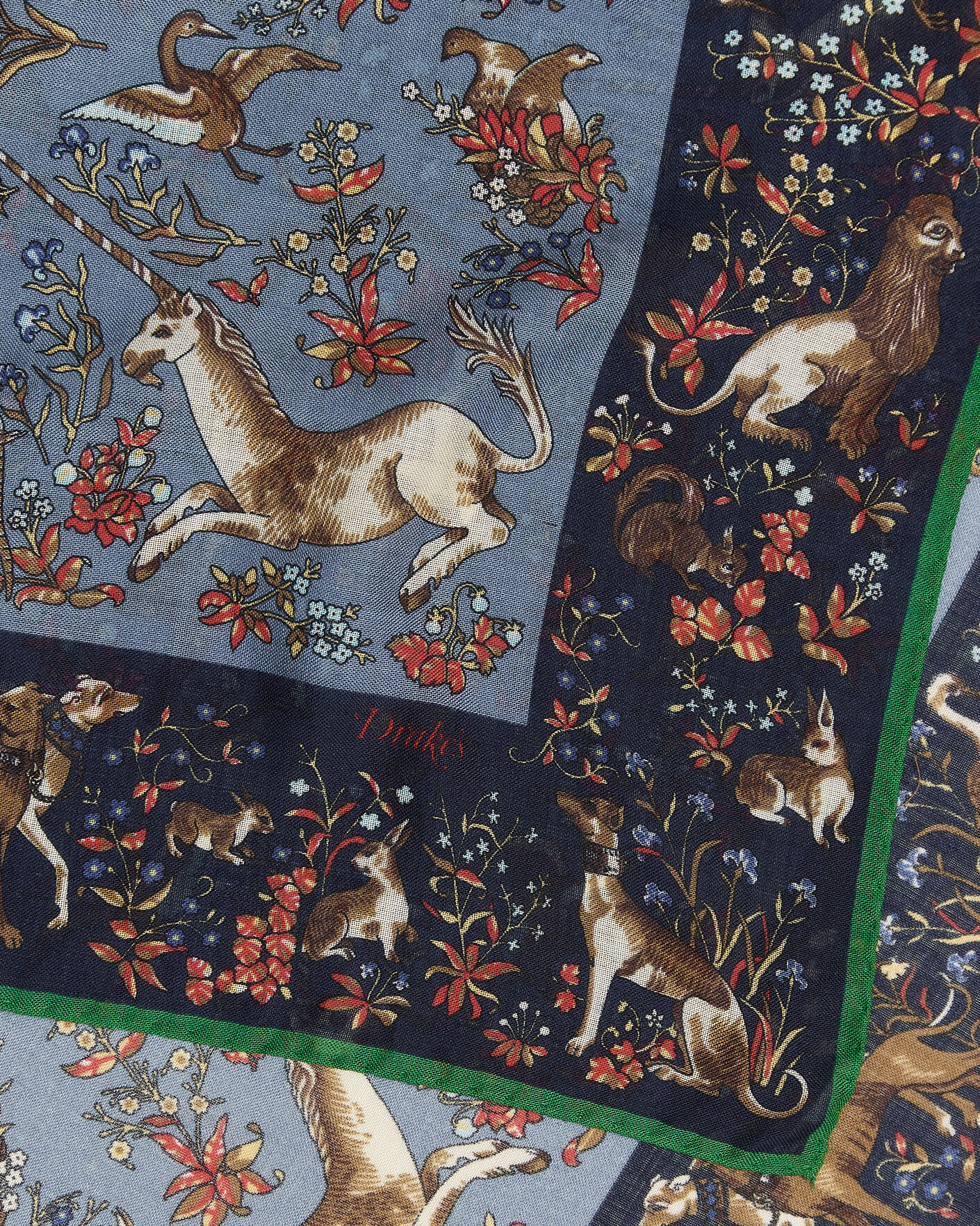 Herre | Tørklæde | Drake's | Unicorn Tapestry Wool/Silk Bandana Navy