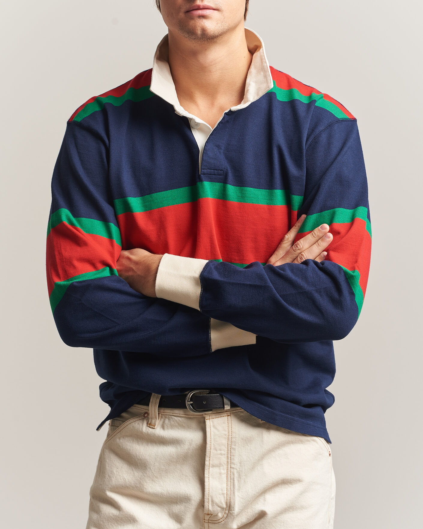 Herre | Trøjer | Drake's | Middle Stripe Rugby Navy/Red/Green