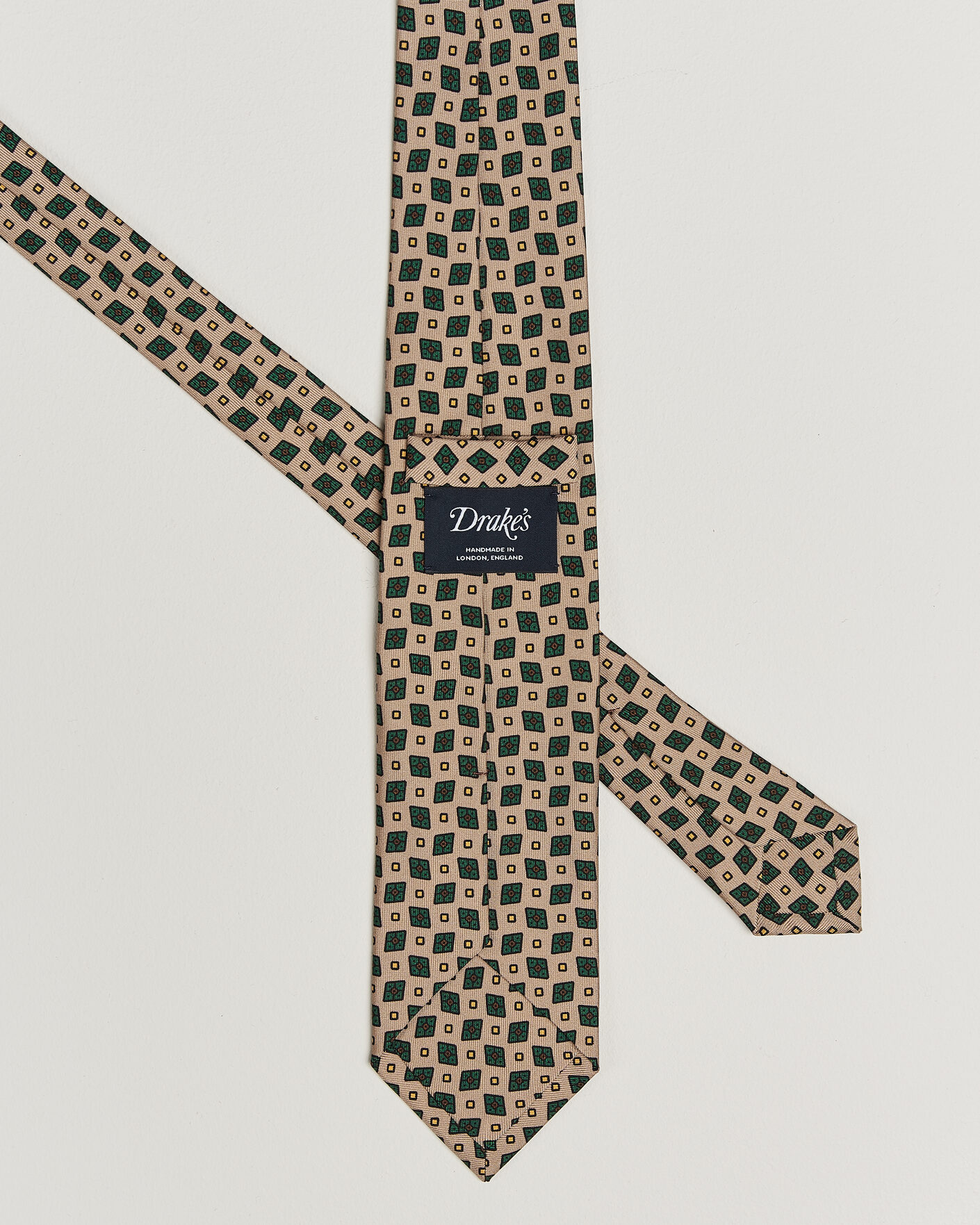 Herre | Slips | Drake's | Mini Diamond Dot Pattern Silk Tie Beige/Green