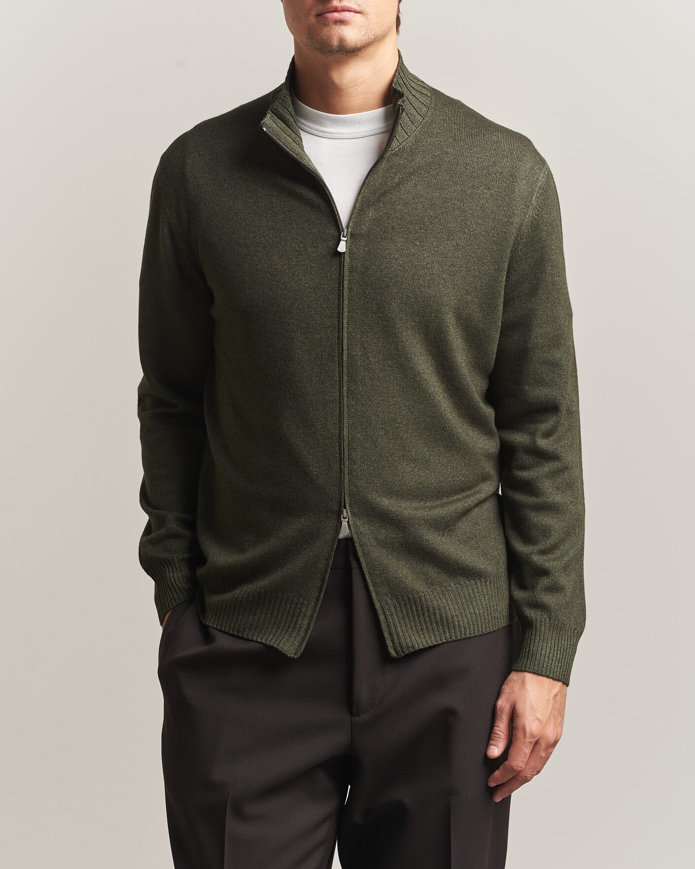 Herre | Trøjer | Gran Sasso | Wool/Cashmere Washed Full Zip Olive Melange