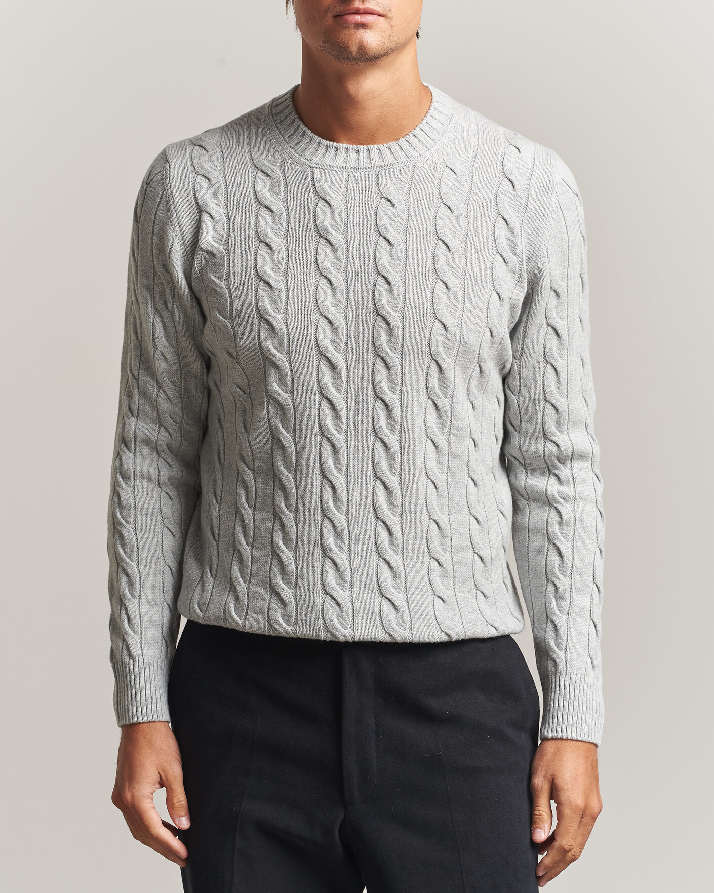 Herre | Trøjer | Gran Sasso | Wool/Cashmere Cable Crew Neck Light Grey Melange