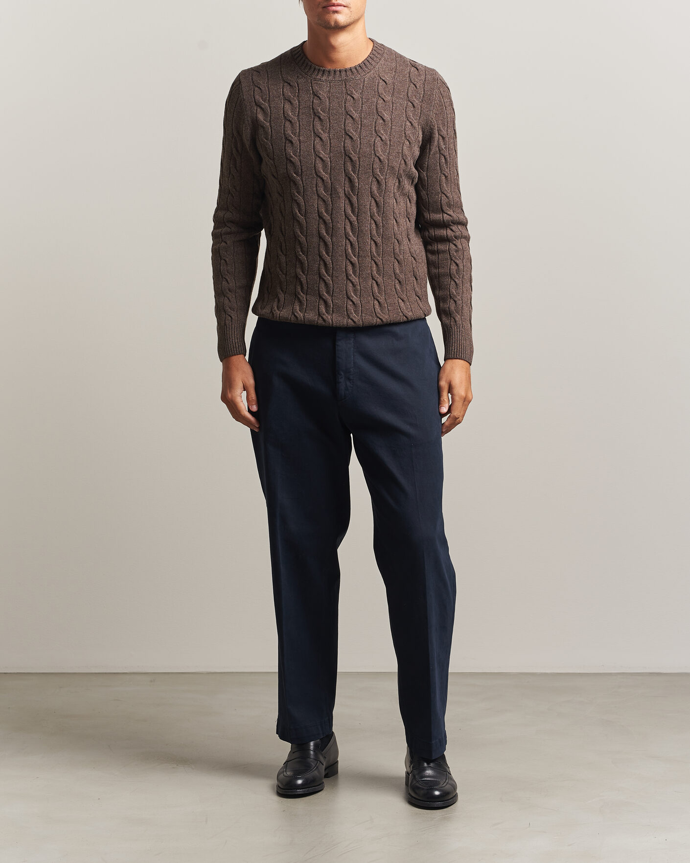 Herre | Trøjer | Gran Sasso | Wool/Cashmere Cable Crew Neck Dark Brown Melange