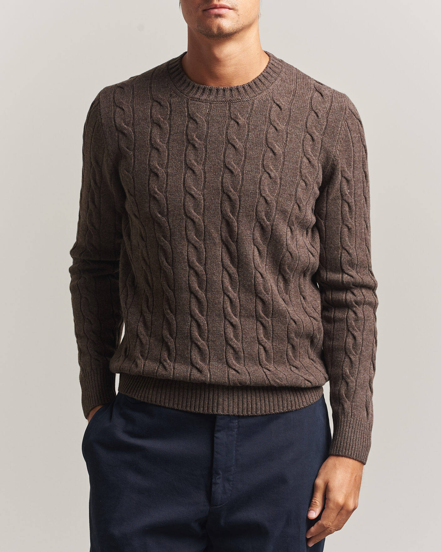 Herre | Trøjer | Gran Sasso | Wool/Cashmere Cable Crew Neck Dark Brown Melange
