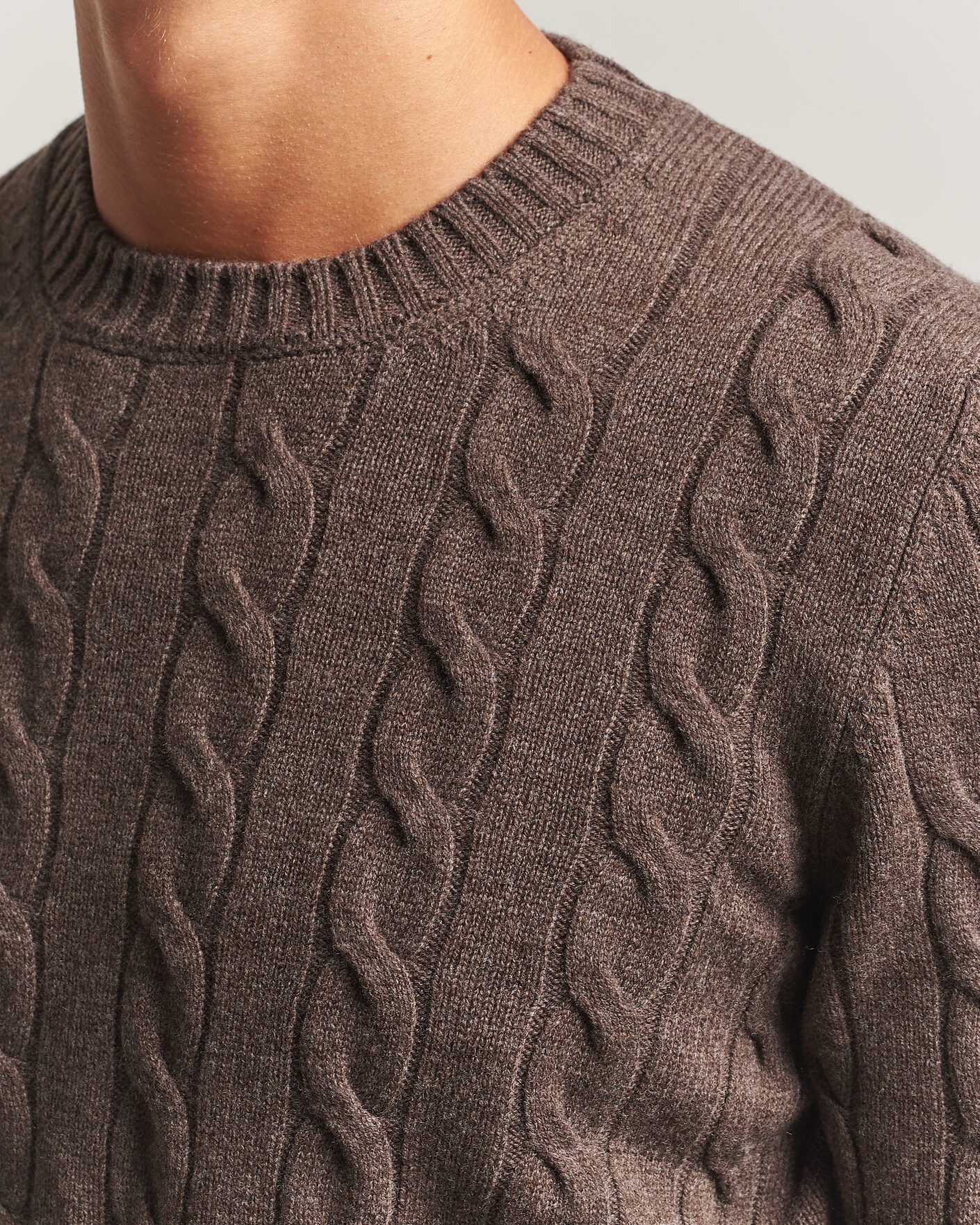 Herre | Trøjer | Gran Sasso | Wool/Cashmere Cable Crew Neck Dark Brown Melange