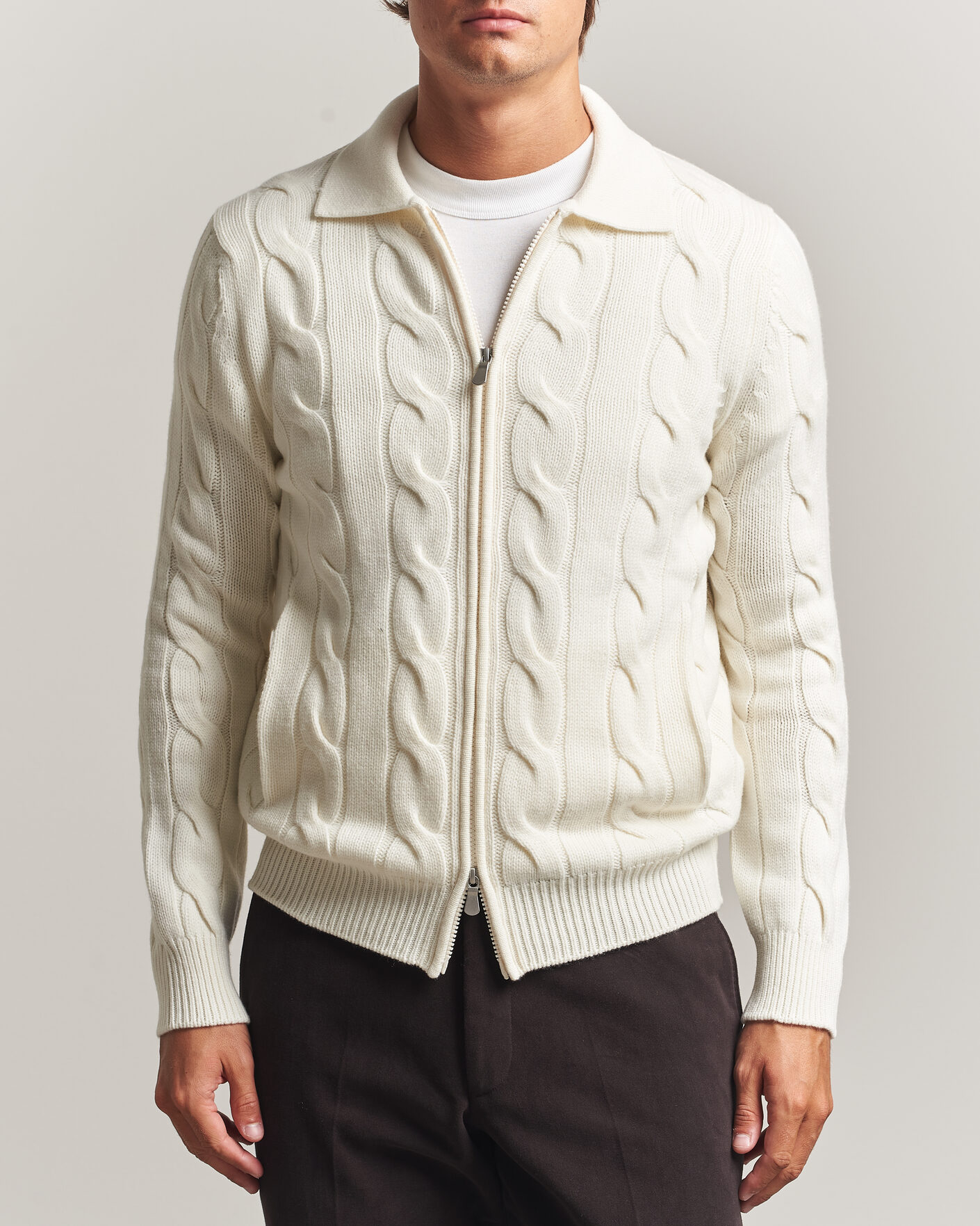 Herre | Trøjer | Gran Sasso | Wool/Cashmere Cable Full Zip Cream